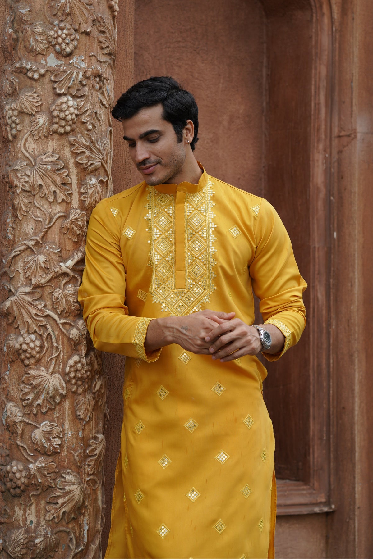 Mustard All-Over Mirror Embroidered Kurta Set for Men