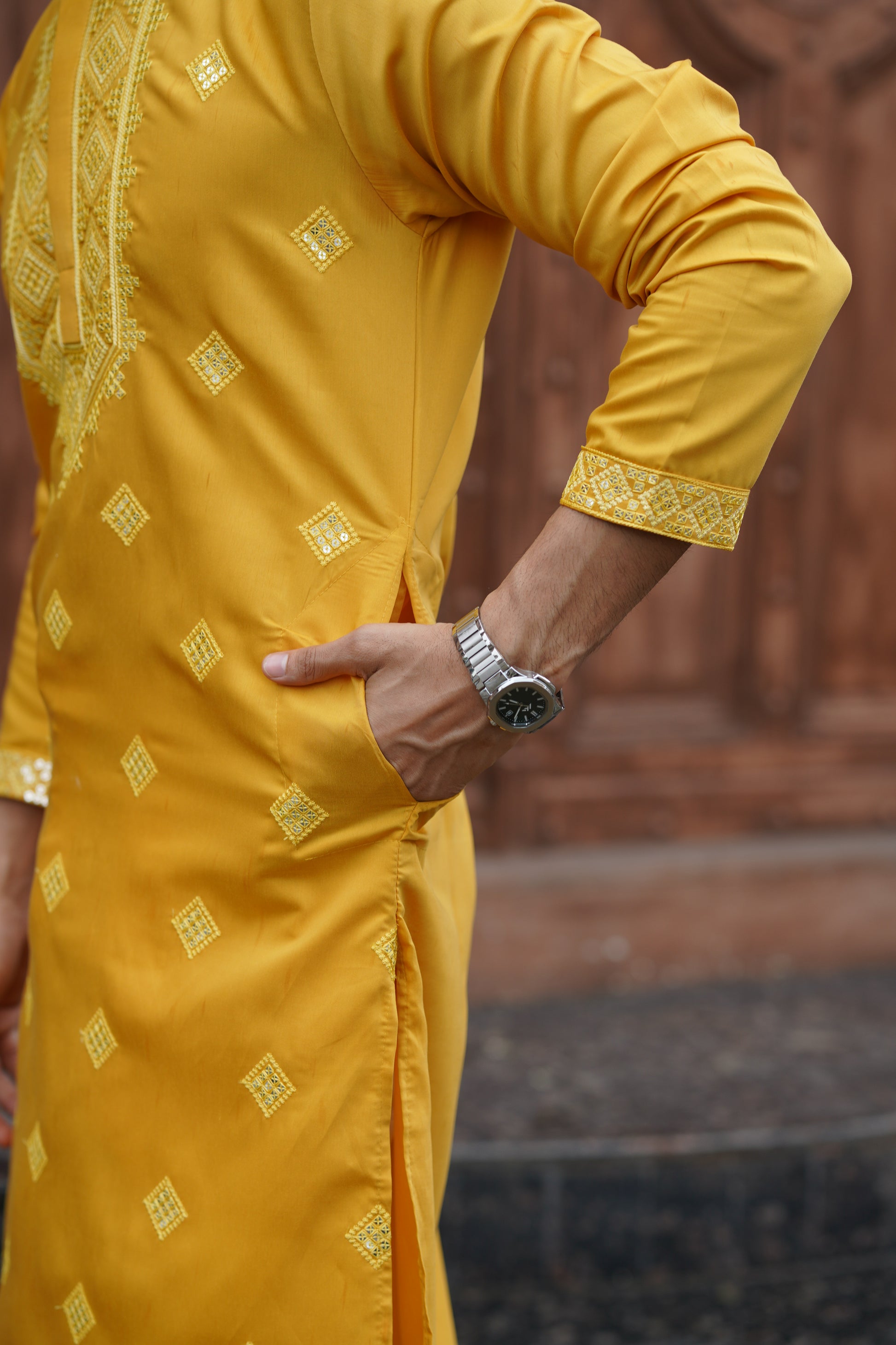 Mustard All-Over Mirror Embroidered Kurta Set for Men