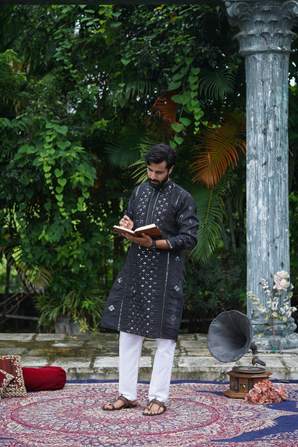 Black Mirror Work Kurta Set for Men with Sequin Embroidery