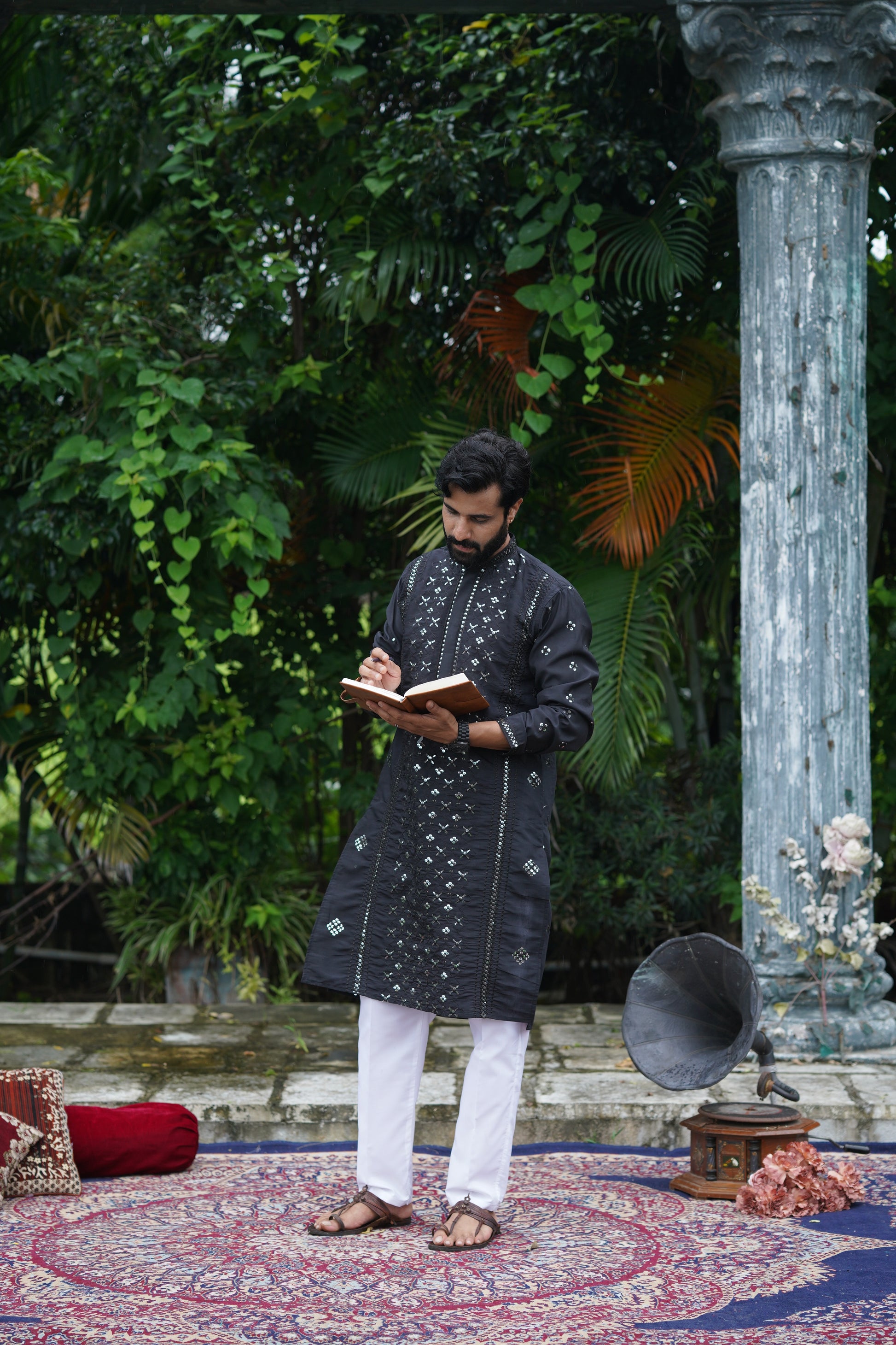 Black Mirror Work Kurta Set for Men with Sequin Embroidery