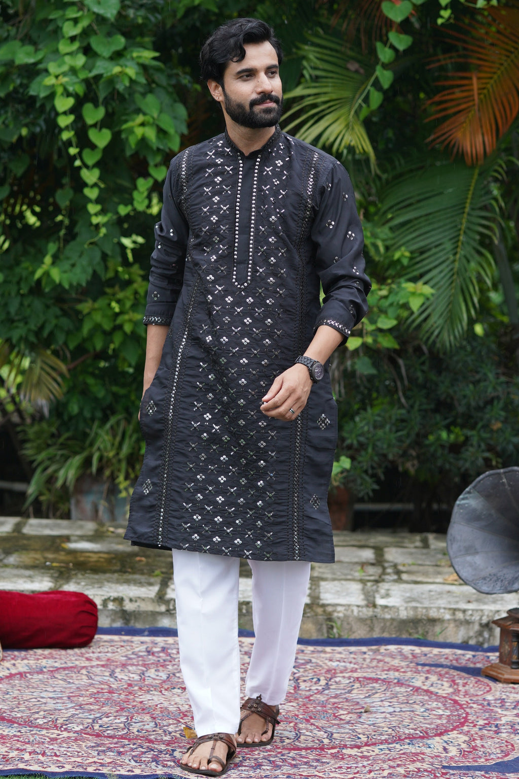 Black Mirror Work Kurta Set for Men with Sequin Embroidery