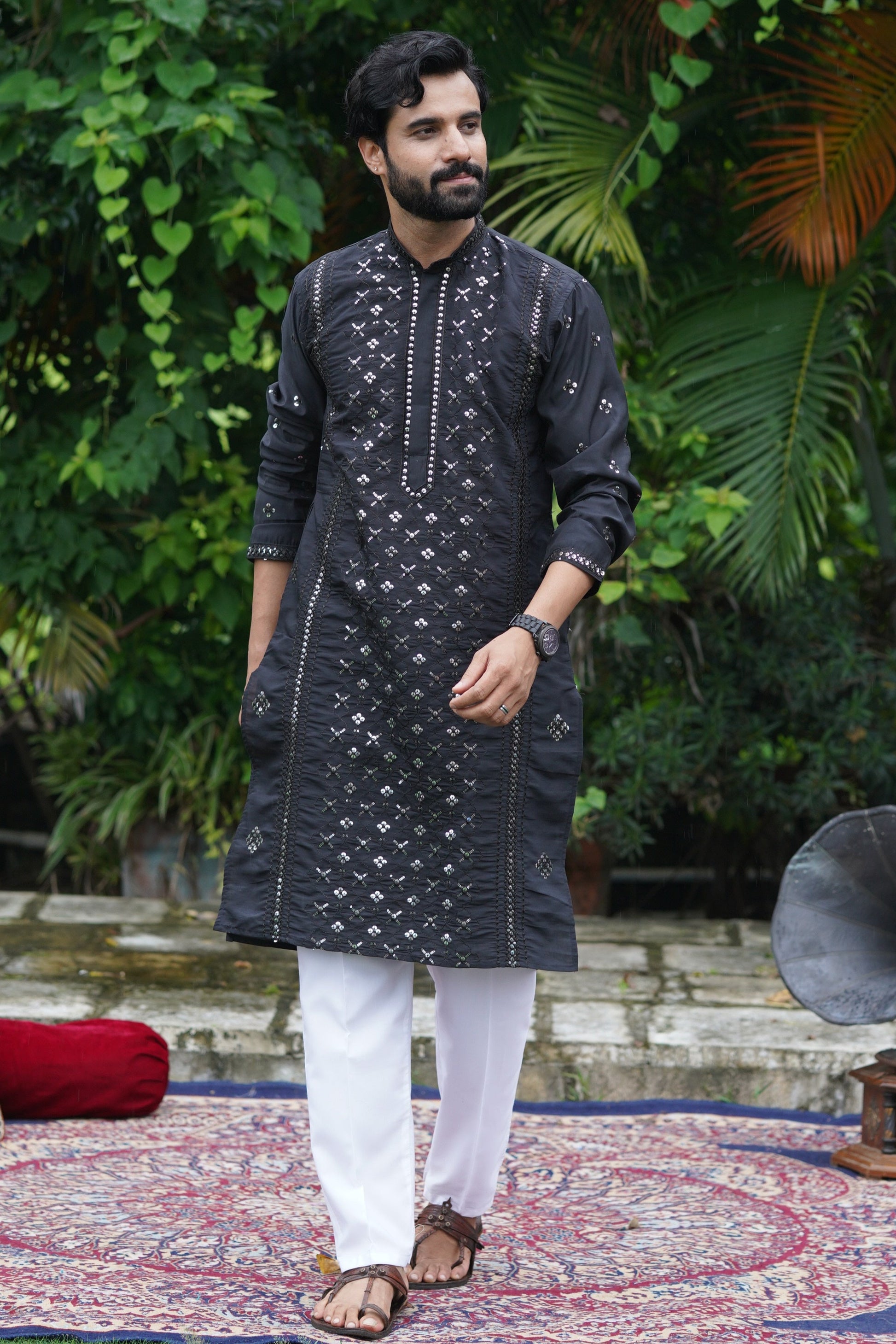 Black Mirror Work Kurta Set for Men with Sequin Embroidery