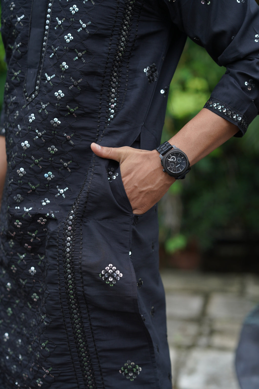 Black Mirror Work Kurta Set for Men with Sequin Embroidery