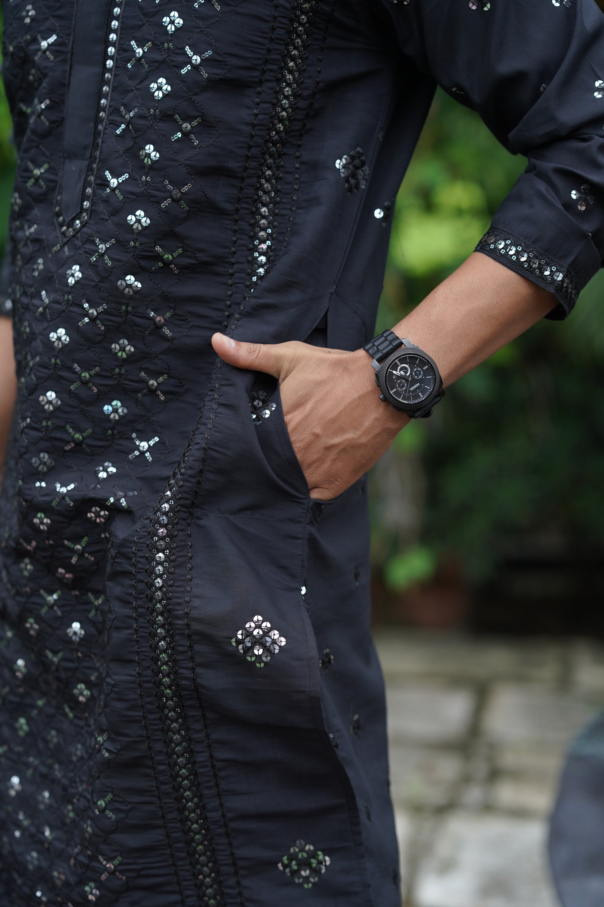 Black Mirror Work Kurta Set for Men with Sequin Embroidery