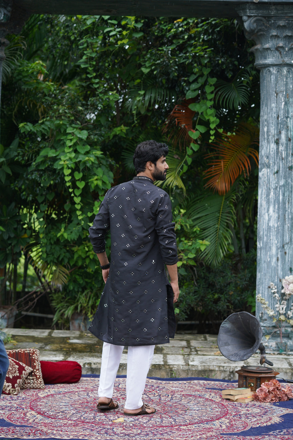 Black Mirror Work Kurta Set for Men with Sequin Embroidery