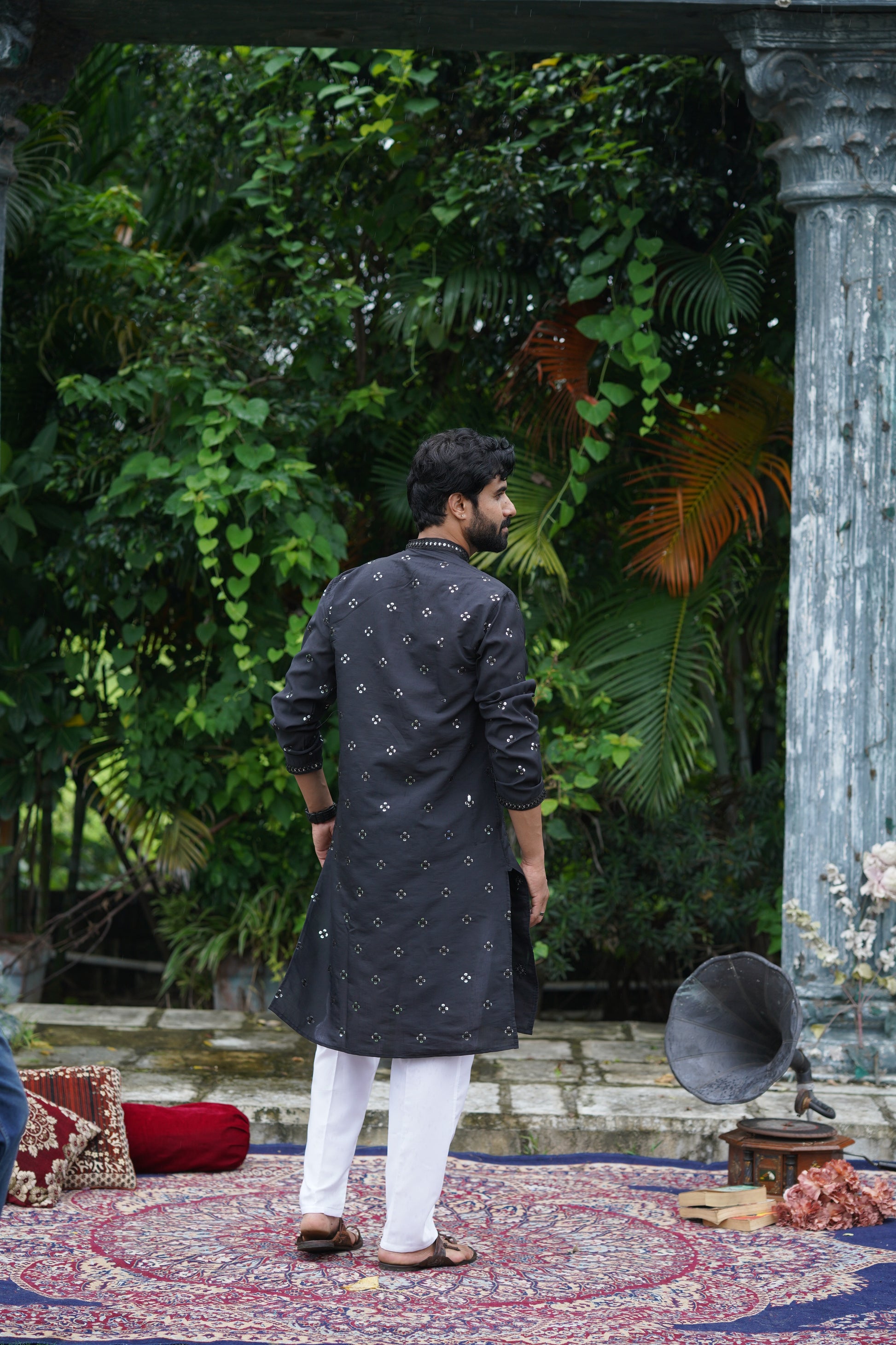 Black Mirror Work Kurta Set for Men with Sequin Embroidery