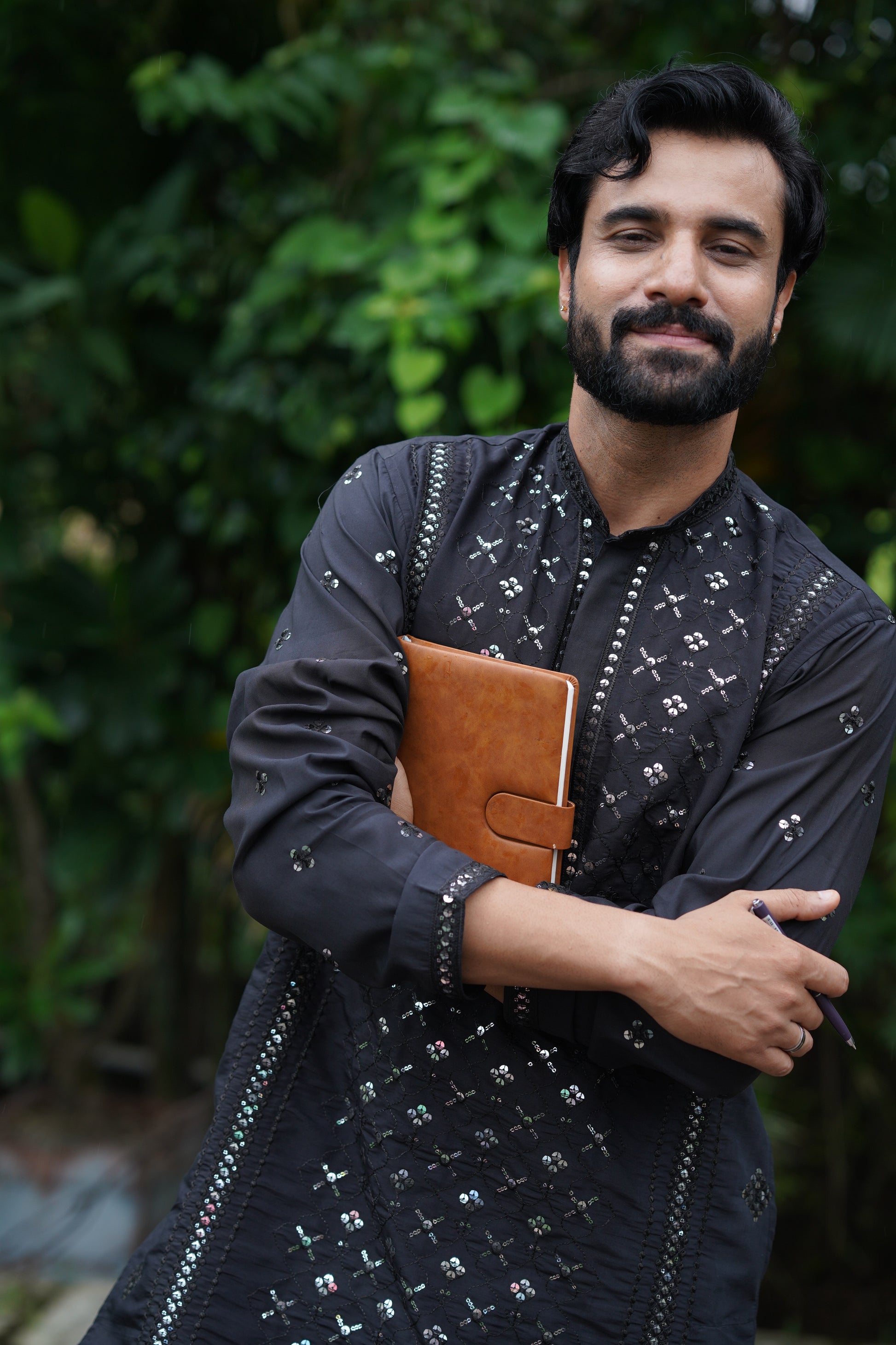Black Mirror Work Kurta Set for Men with Sequin Embroidery