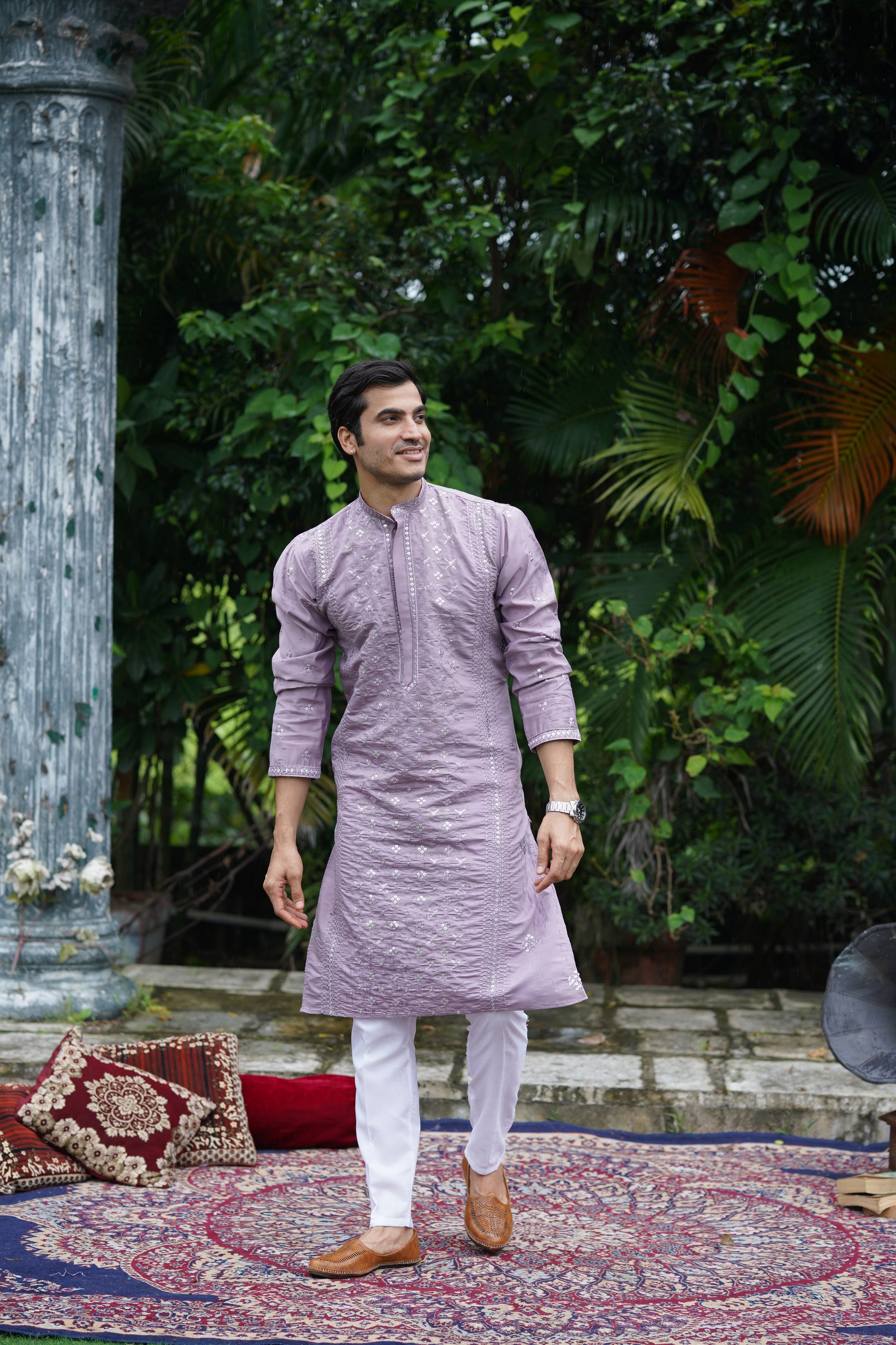 Lavender Mirror Work Kurta Set for Men with Sequin Embroidery