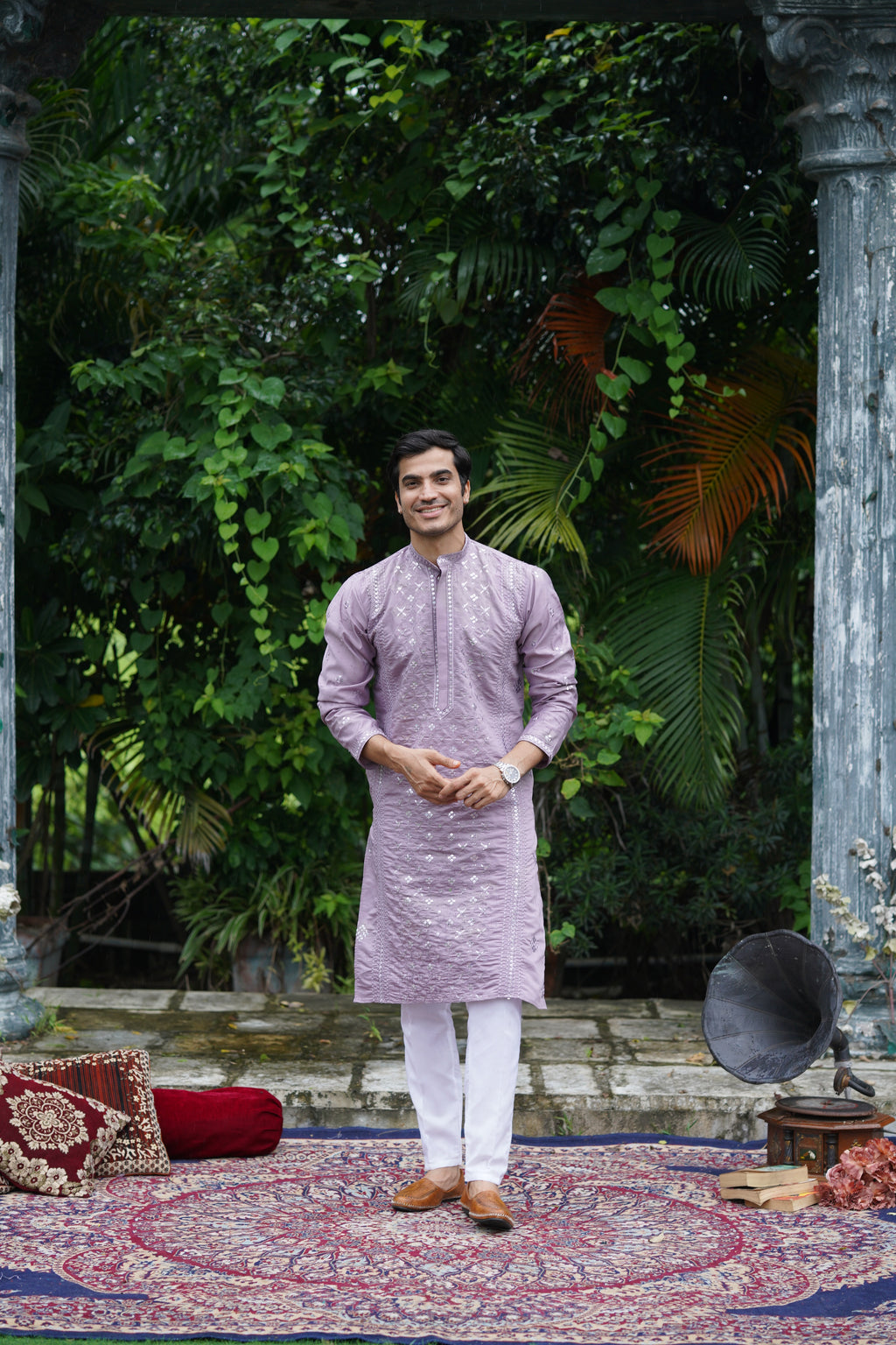 Lavender Mirror Work Kurta Set for Men with Sequin Embroidery