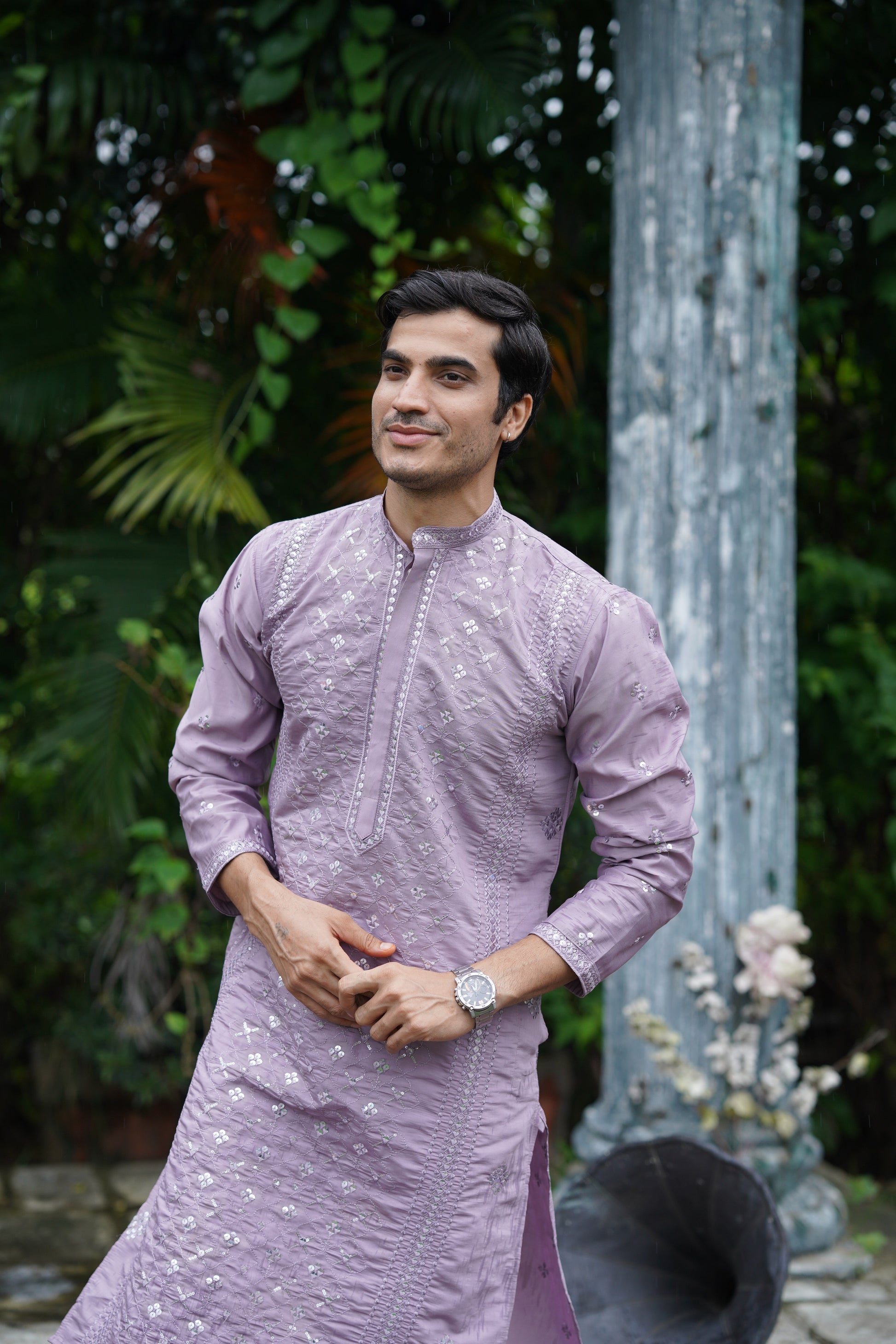 Lavender Mirror Work Kurta Set for Men with Sequin Embroidery