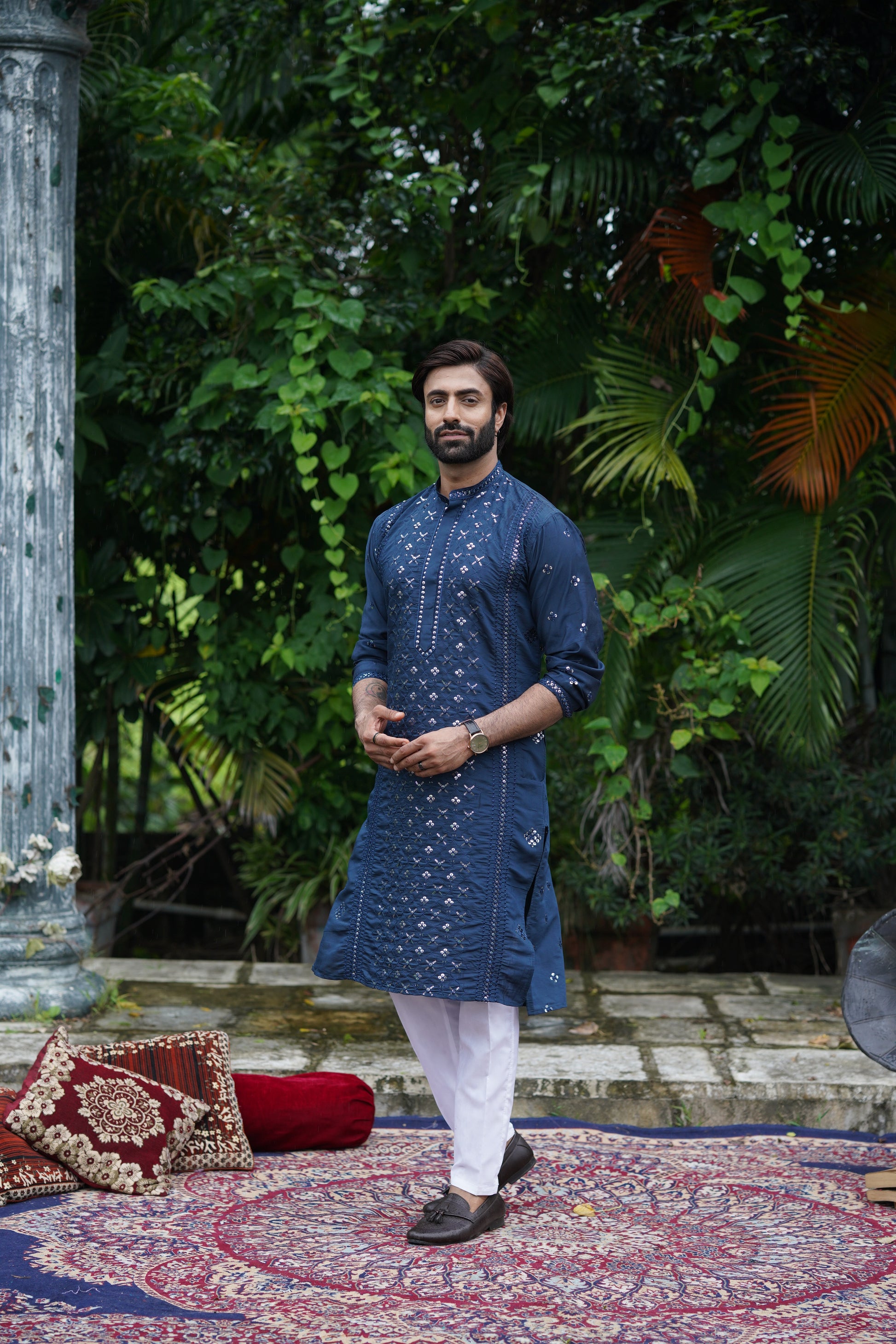 Dark teal Mirror Work Kurta Set for Men with Sequin Embroidery