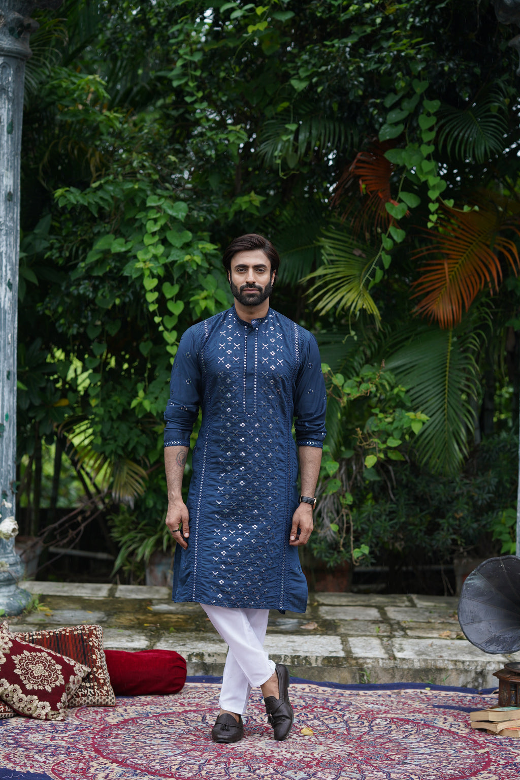 Dark teal Mirror Work Kurta Set for Men with Sequin Embroidery