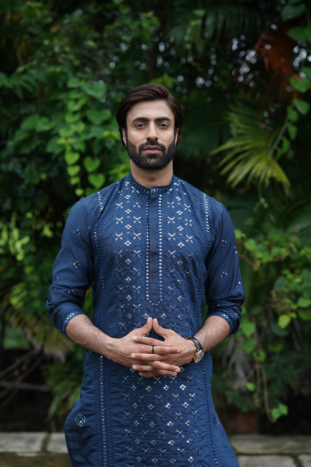 Dark teal Mirror Work Kurta Set for Men with Sequin Embroidery