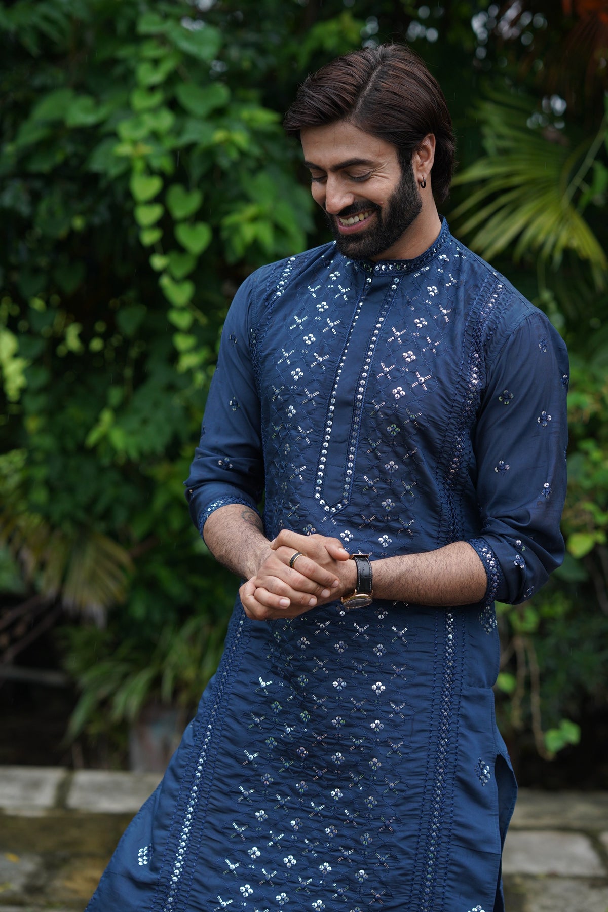 Dark teal Mirror Work Kurta Set for Men with Sequin Embroidery