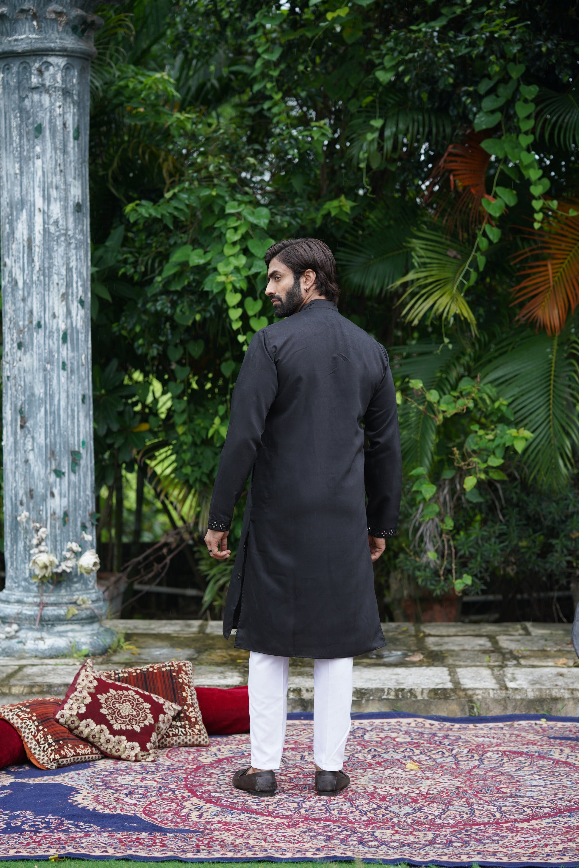 Black Festive Mirror Embroidered Cotton Kurta Set for Men