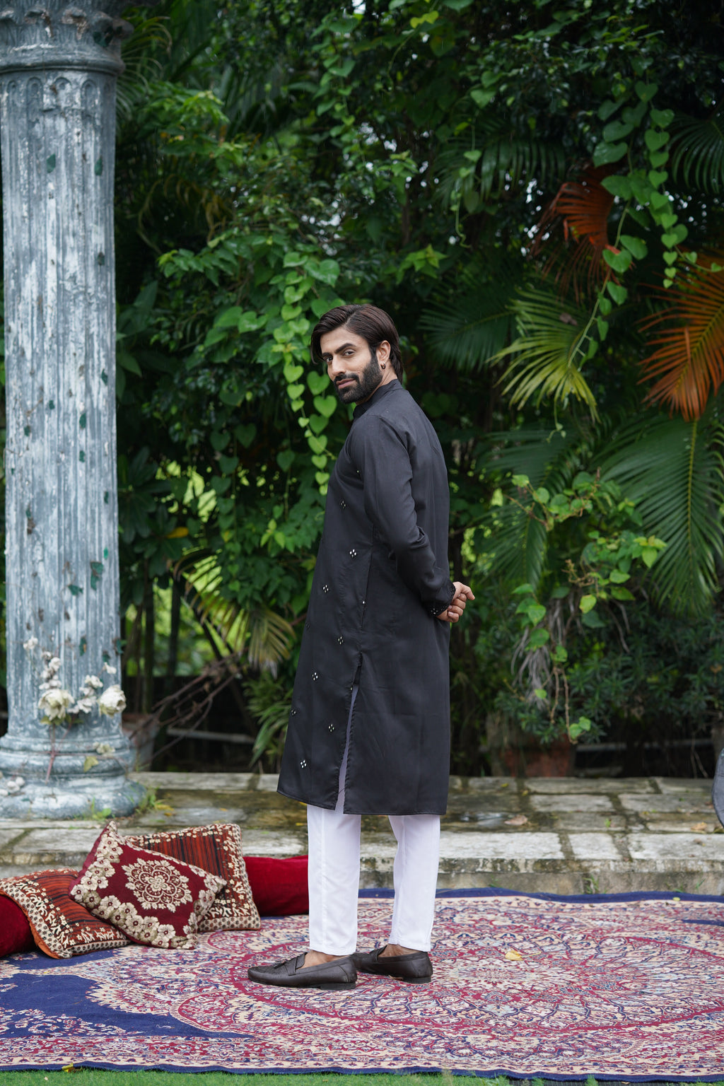 Black Festive Mirror Embroidered Cotton Kurta Set for Men