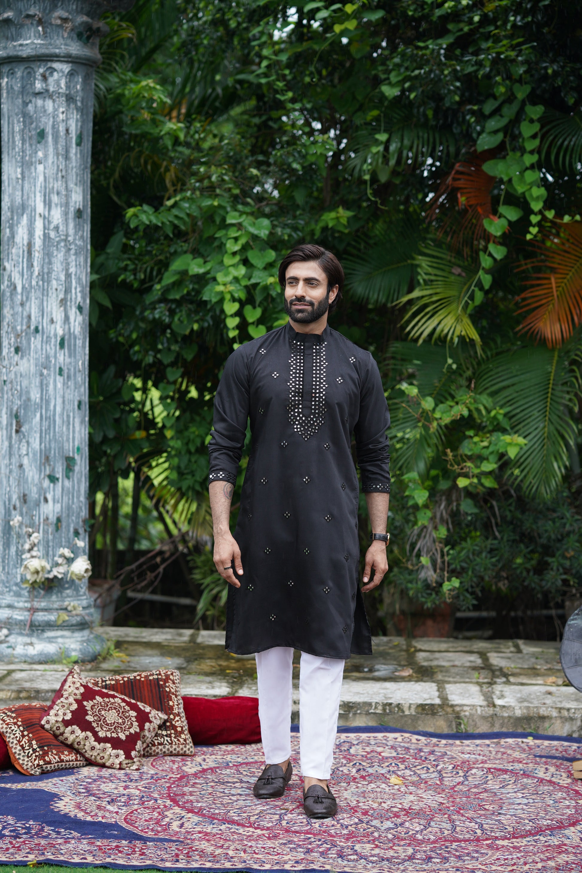 Black Festive Mirror Embroidered Cotton Kurta Set for Men