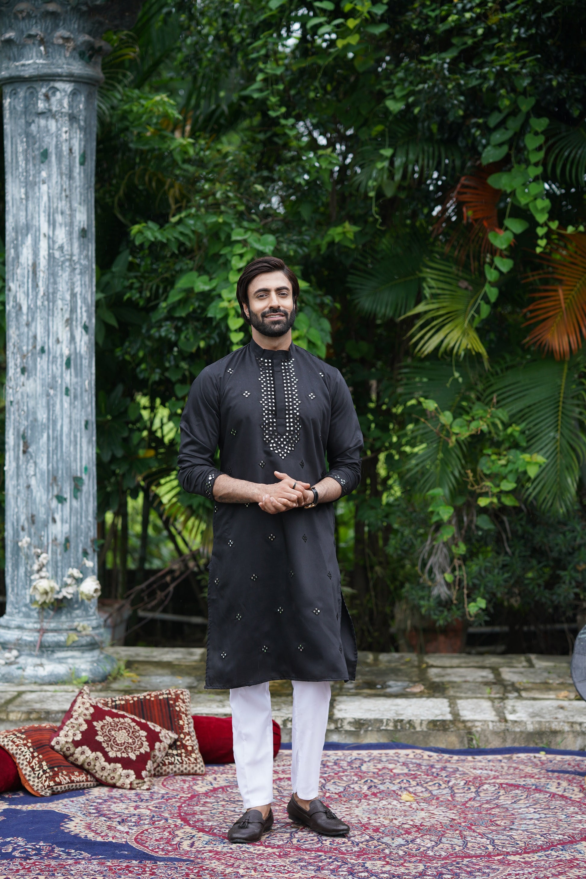Black Festive Mirror Embroidered Cotton Kurta Set for Men