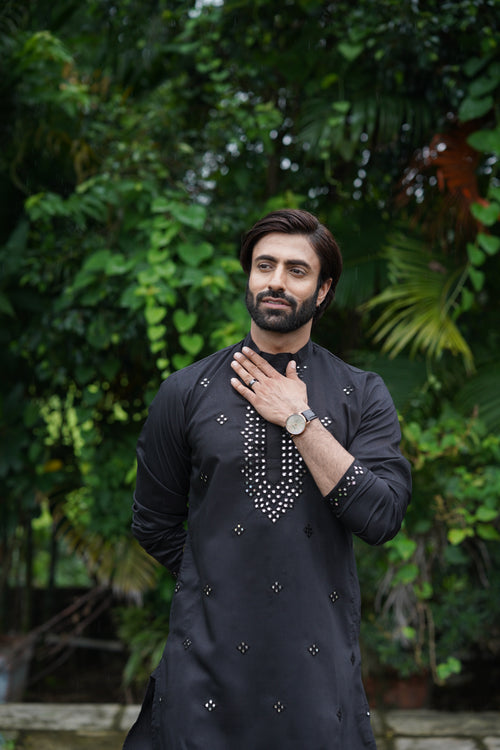 Black Festive Mirror Embroidered Cotton Kurta Set for Men