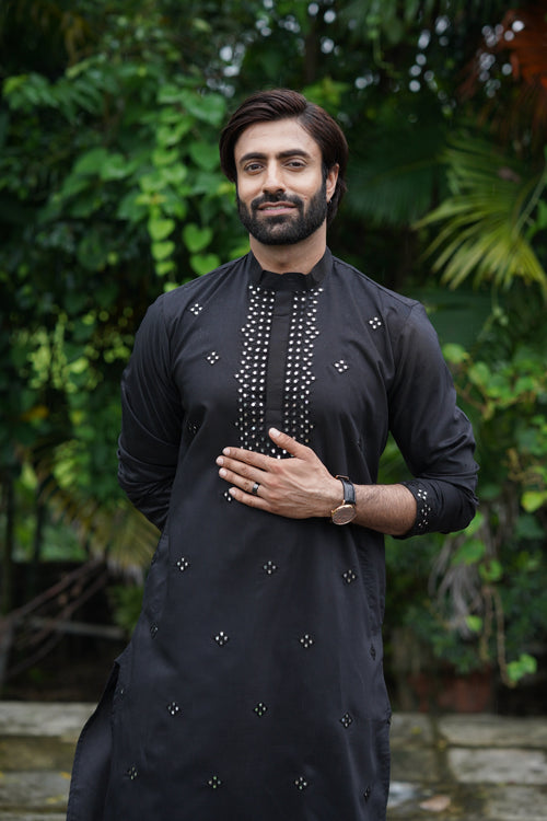Black Festive Mirror Embroidered Cotton Kurta Set for Men