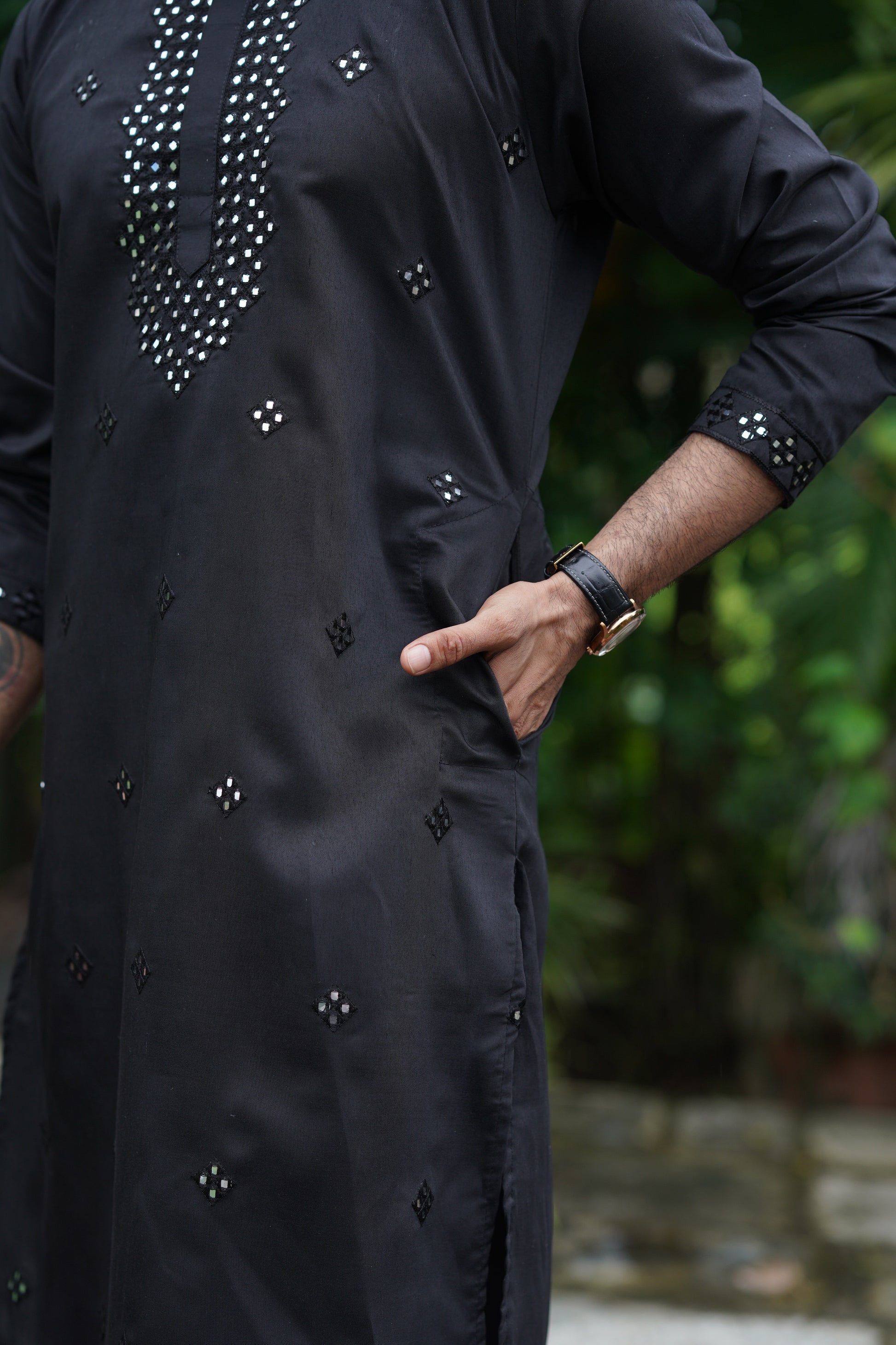 Black Festive Mirror Embroidered Cotton Kurta Set for Men