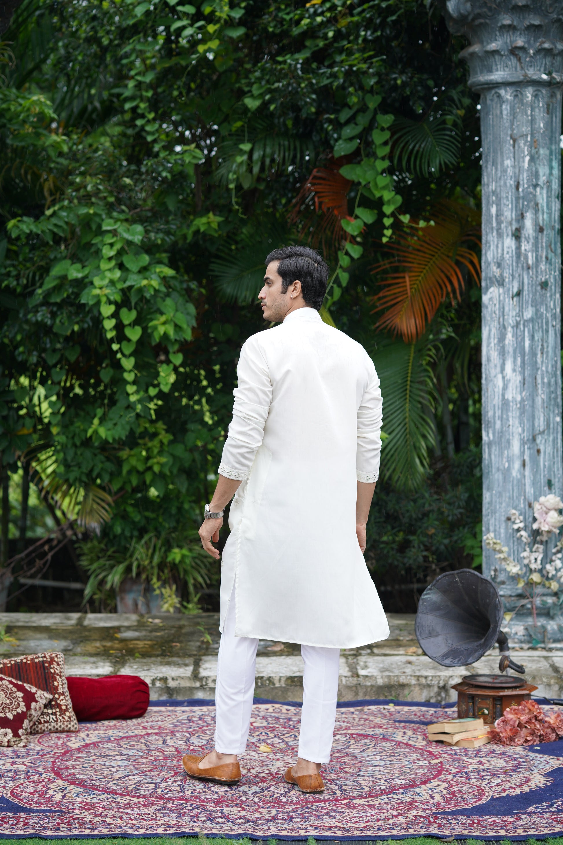 White Festive Mirror Embroidered Cotton Kurta Set for Men