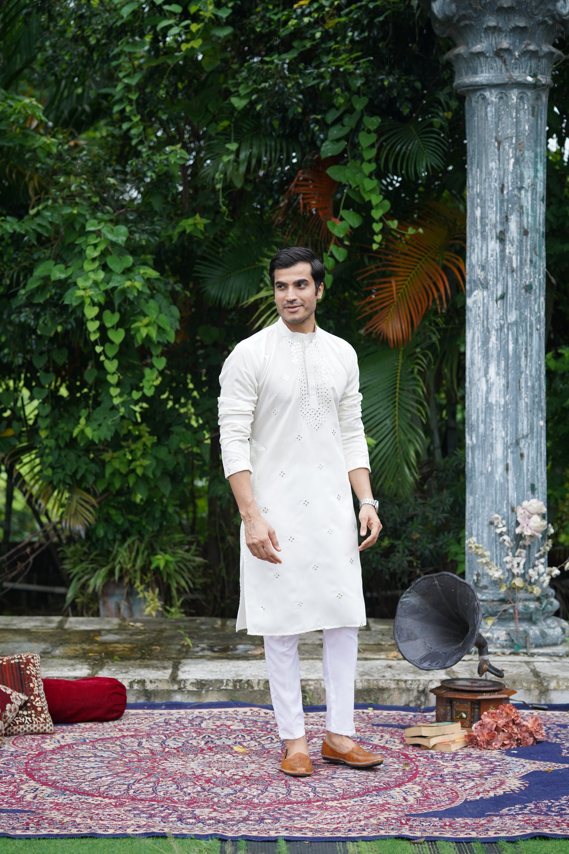 White Festive Mirror Embroidered Cotton Kurta Set for Men