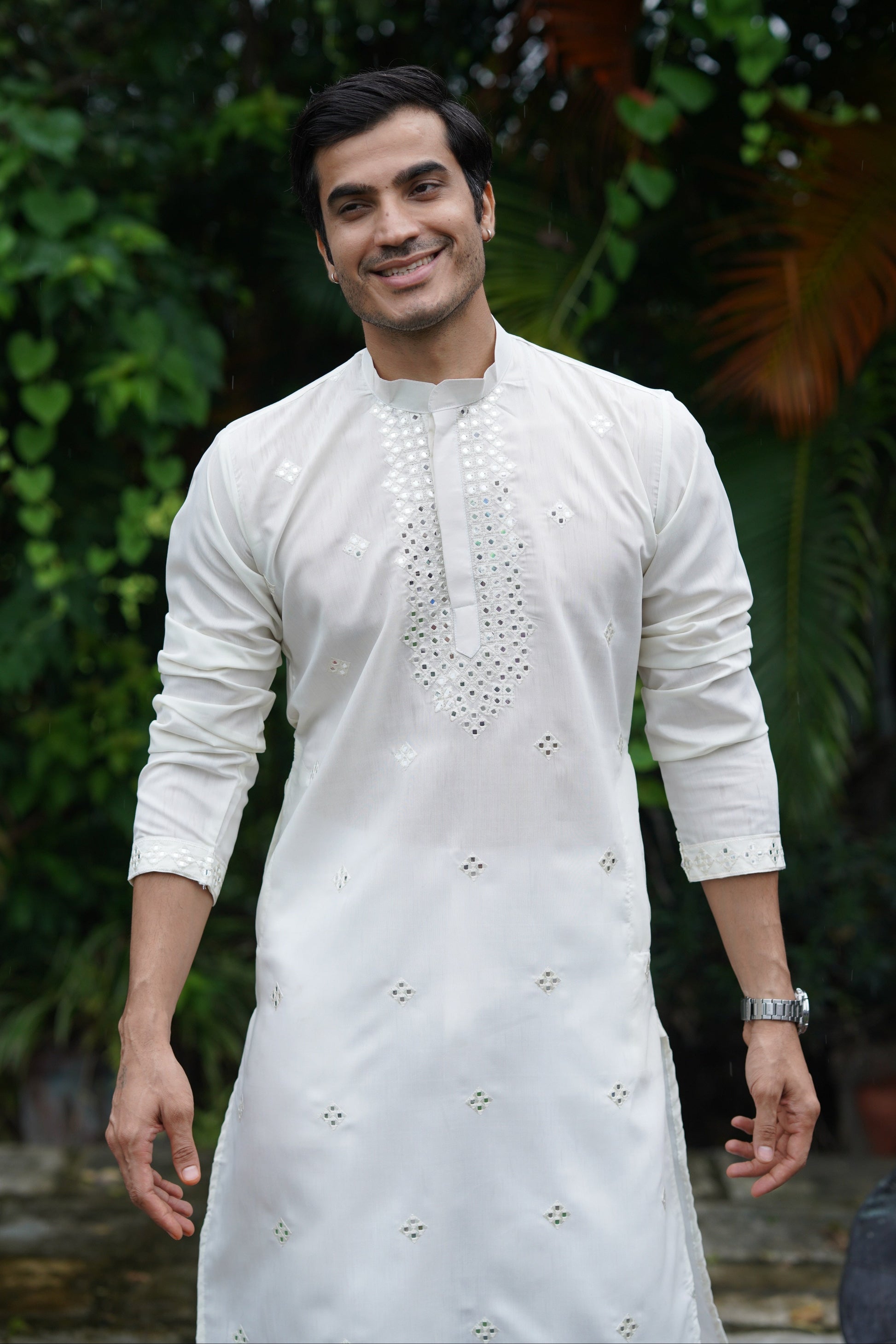 White Festive Mirror Embroidered Cotton Kurta Set for Men