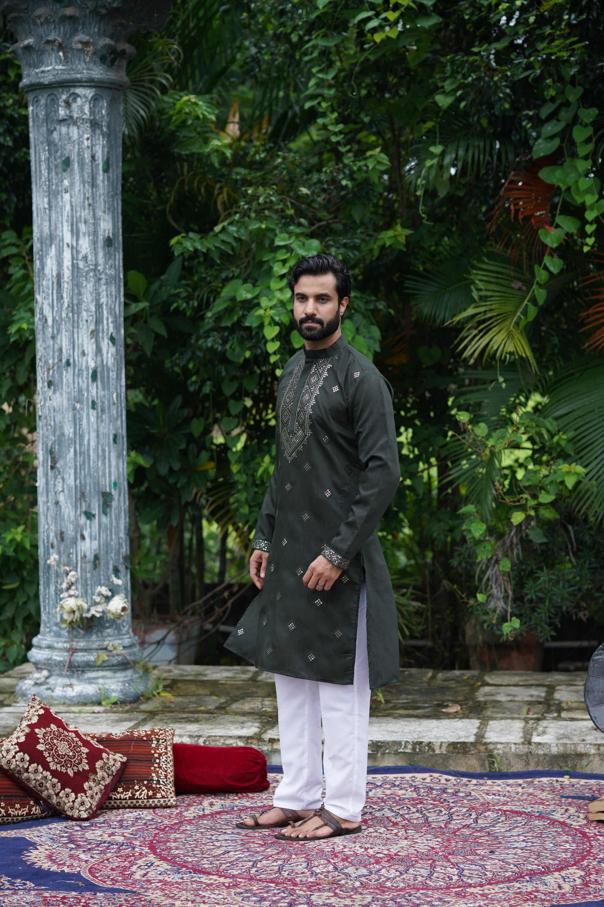 Olive All-Over Mirror Embroidered Kurta Set for Men