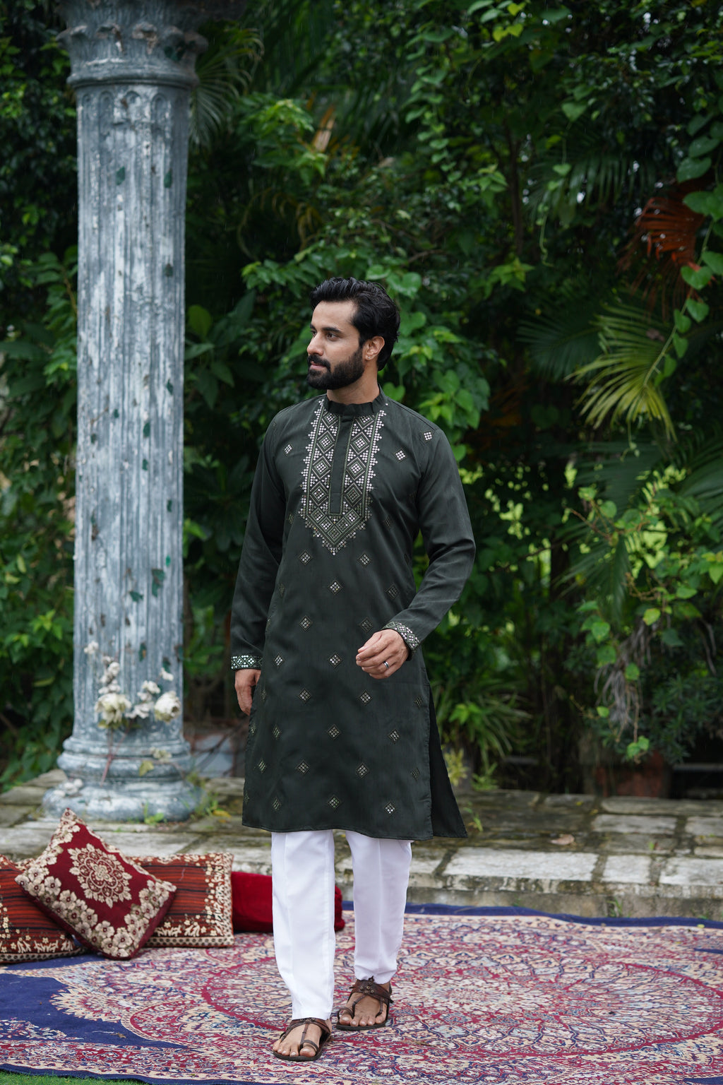 Olive All-Over Mirror Embroidered Kurta Set for Men