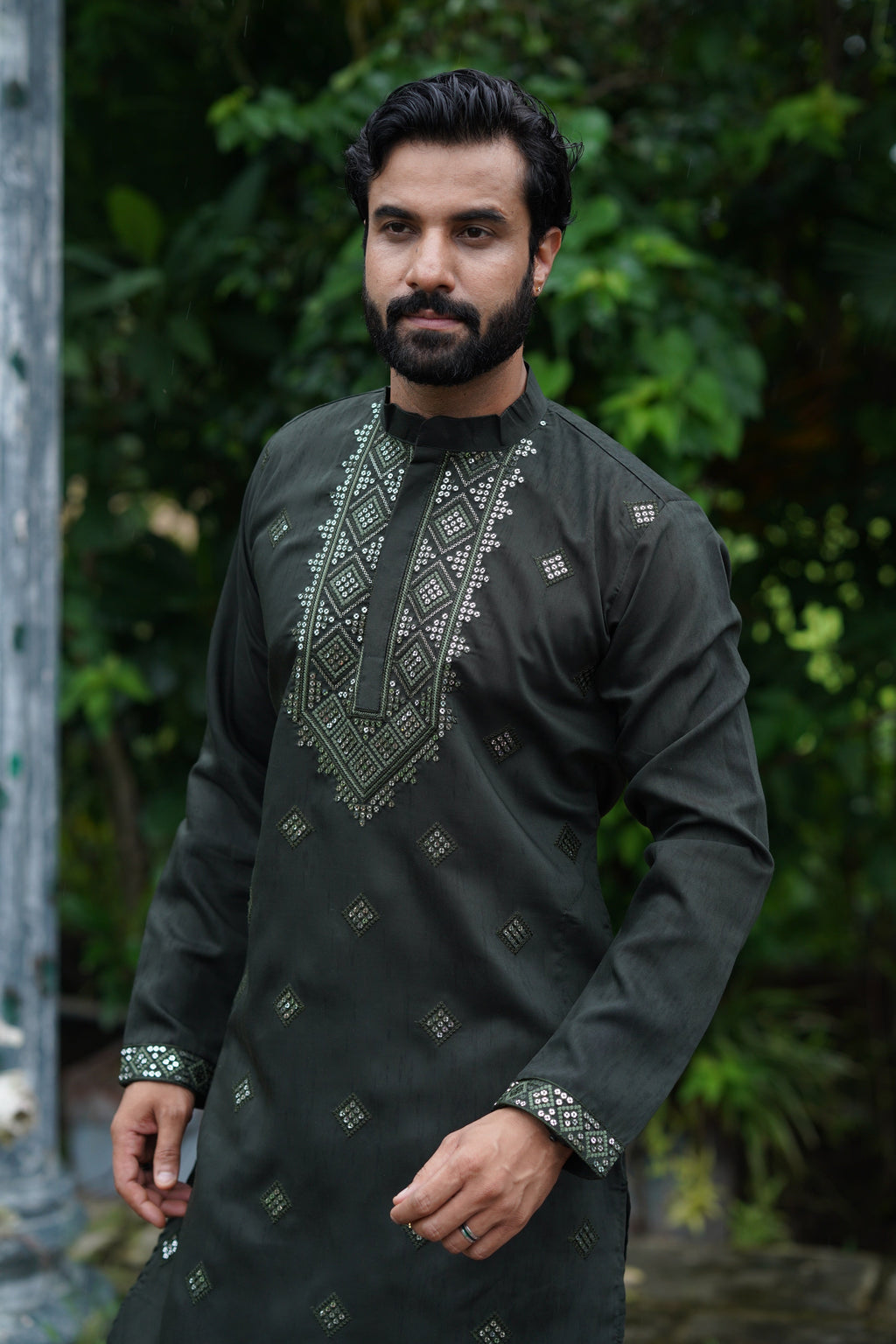 Olive All-Over Mirror Embroidered Kurta Set for Men
