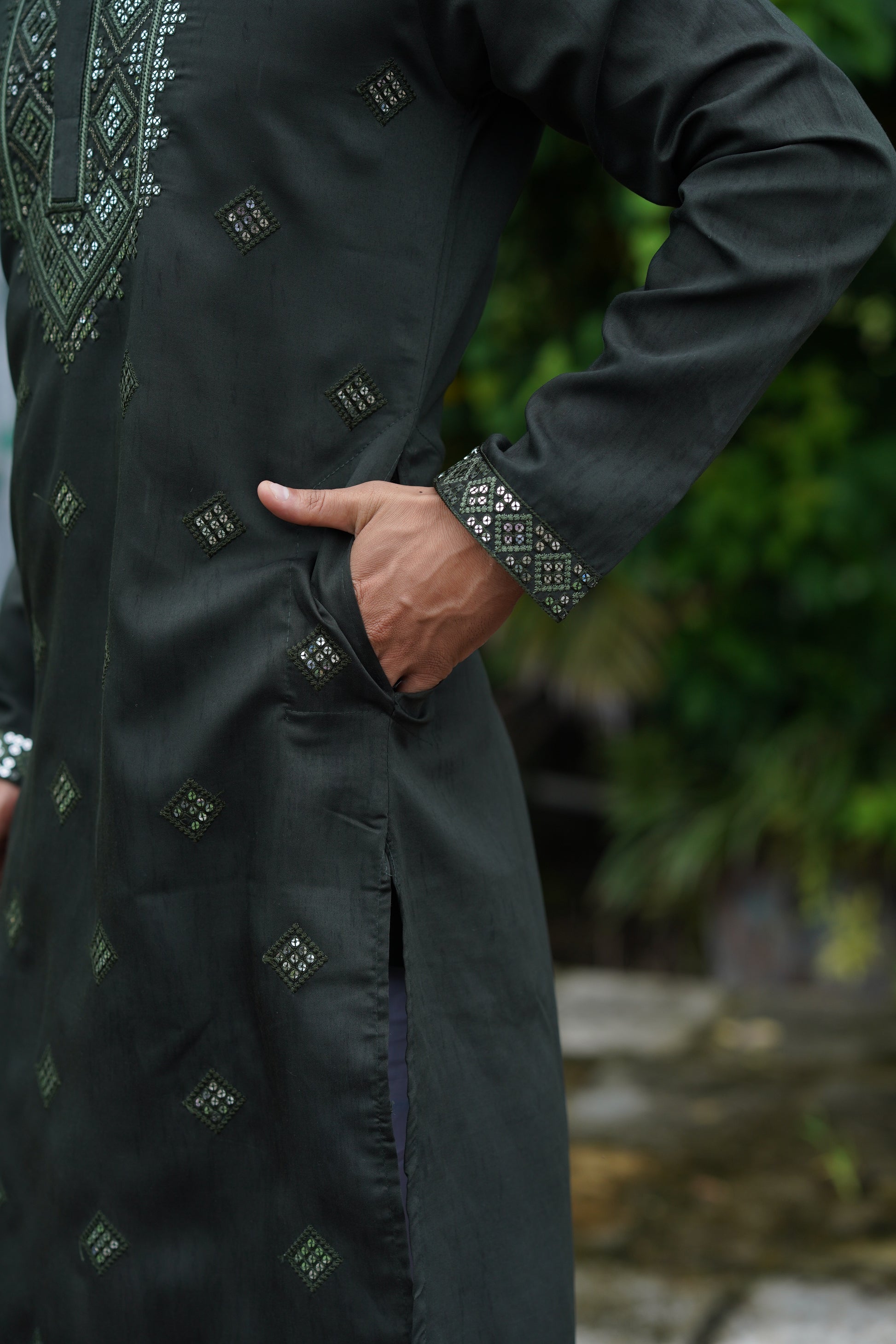 Olive All-Over Mirror Embroidered Kurta Set for Men