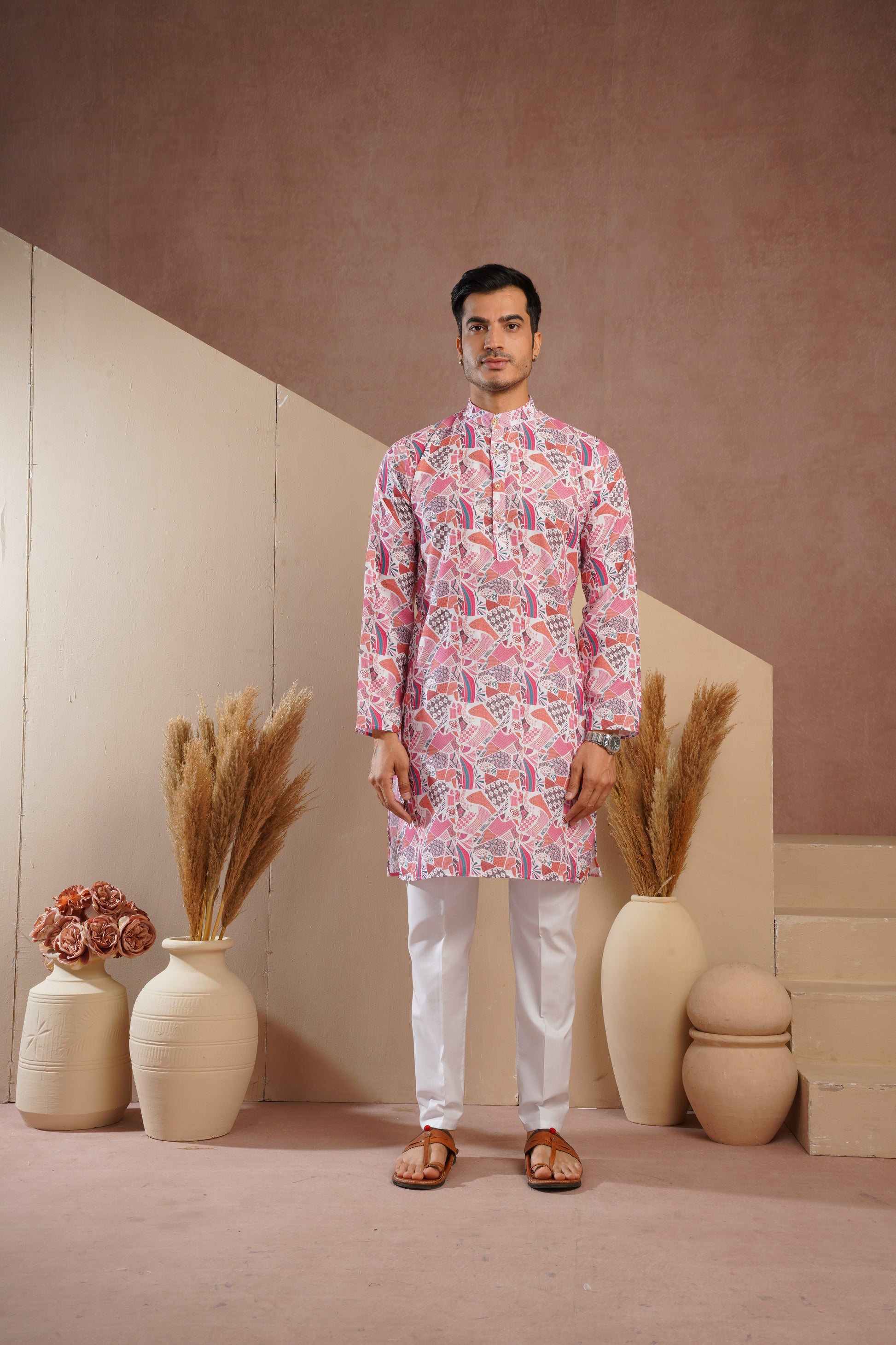 Red Multicolour Shades Abstract Print Kurta Set