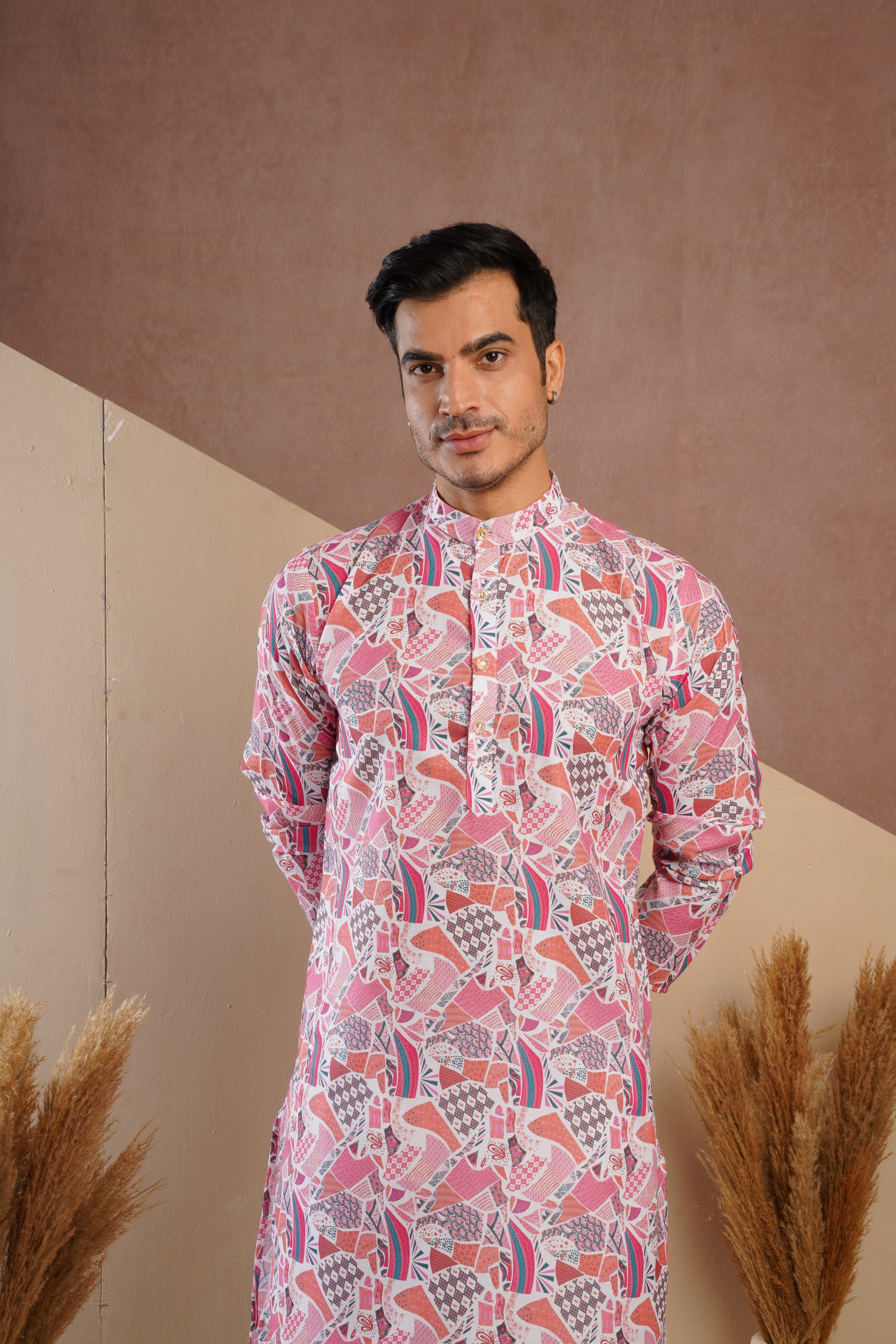 Red Multicolour Shades Abstract Print Kurta Set