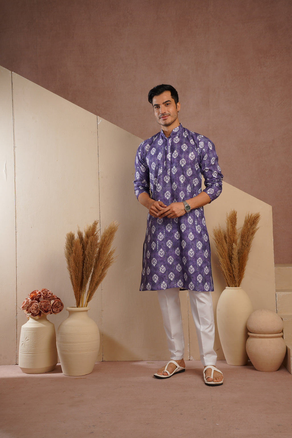 Purple Ethnic Block Print Kurta set with sequin highlights