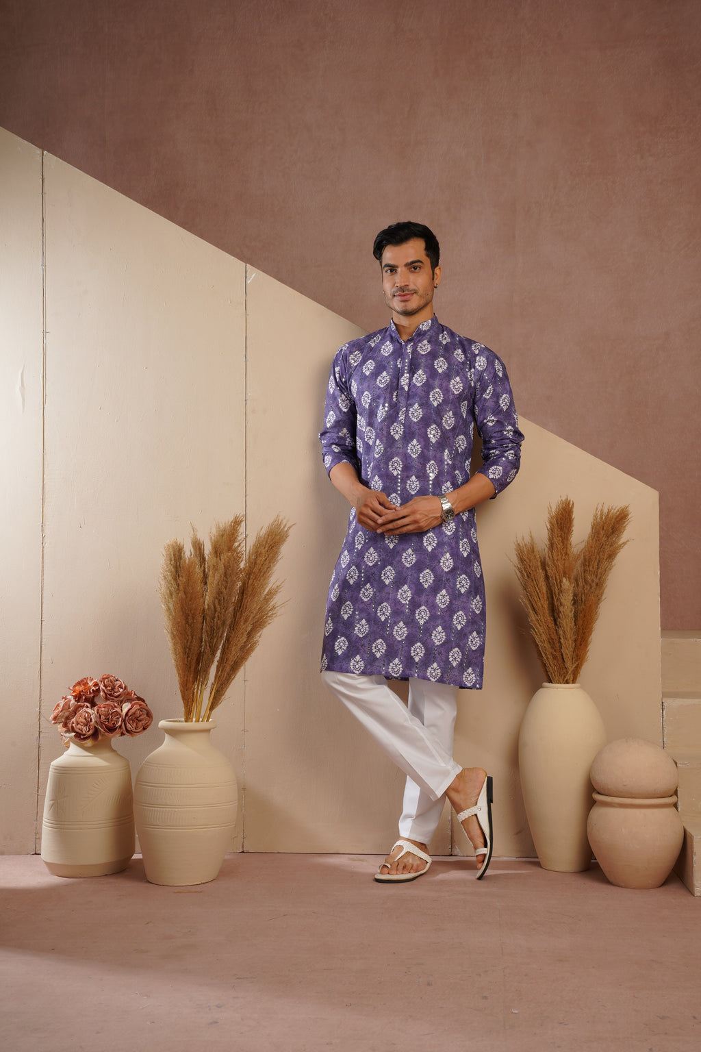 Purple Ethnic Block Print Kurta set with sequin highlights