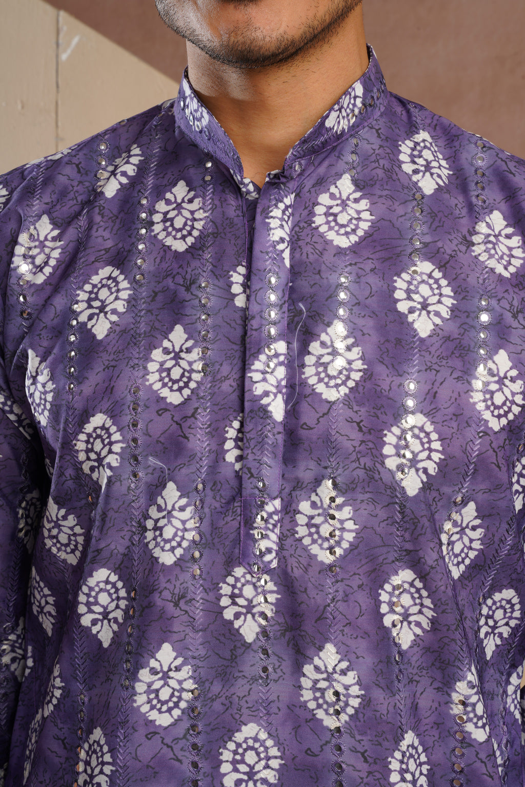 Purple Ethnic Block Print Kurta set with sequin highlights