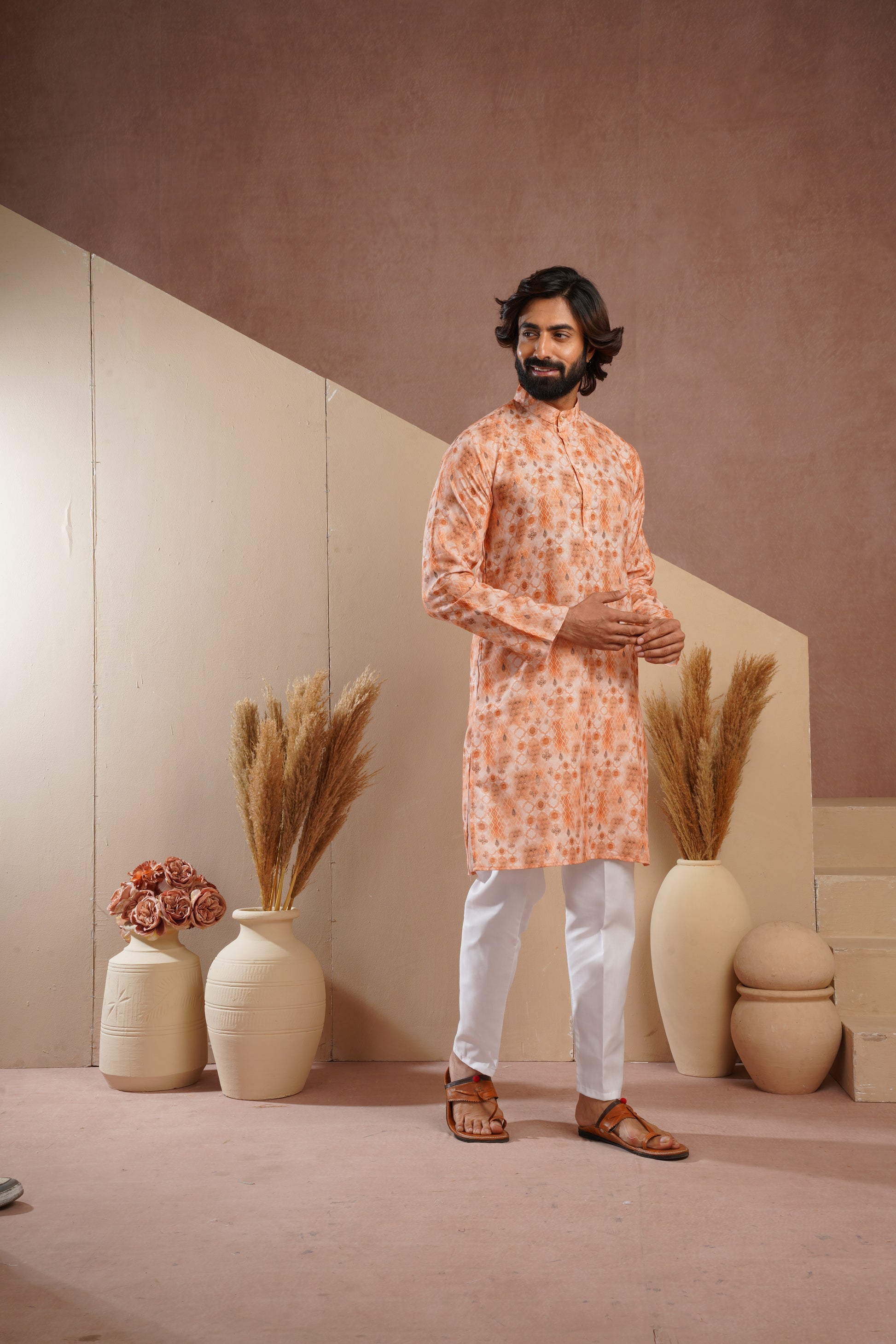 Classic Yellow All-Over Print Kurta Set for Mens