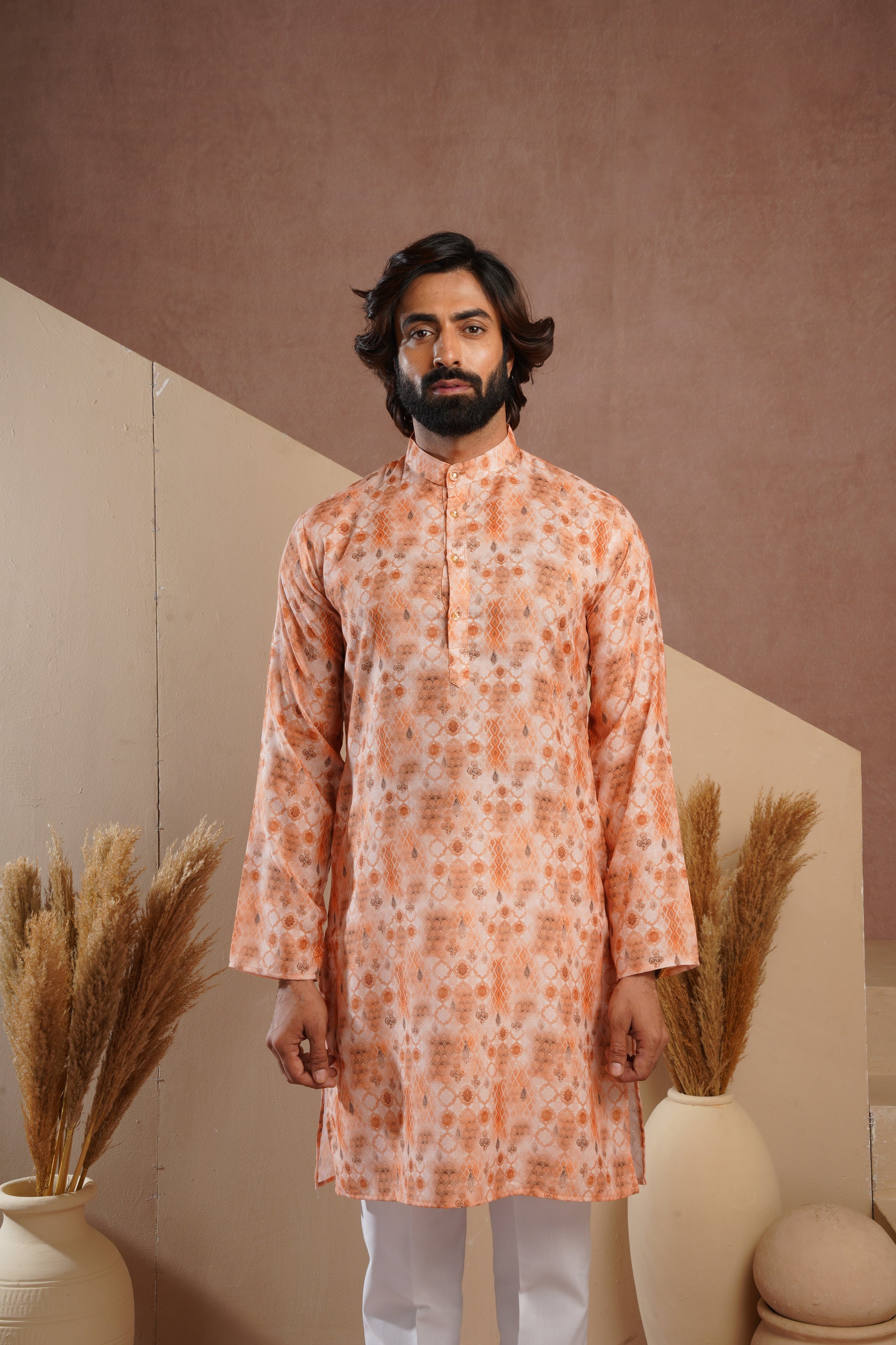 Classic Yellow All-Over Print Kurta Set for Mens