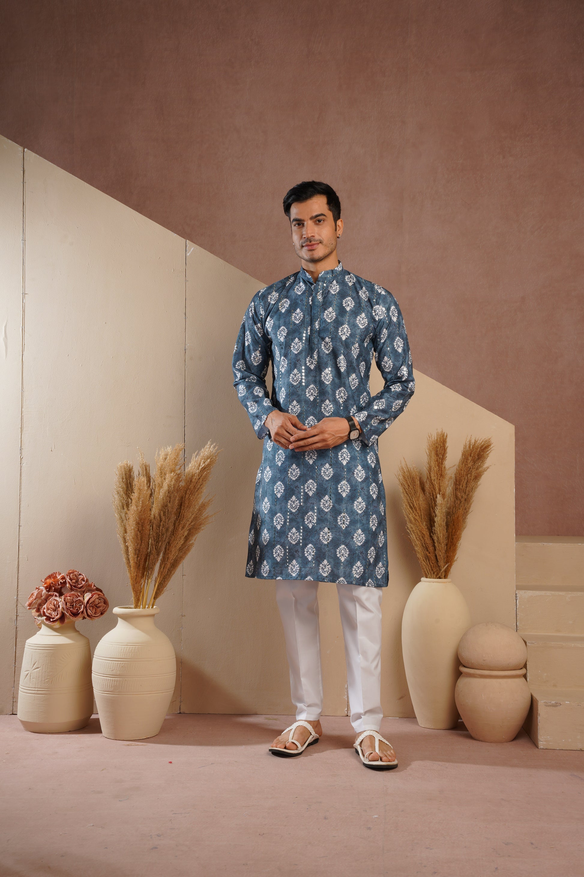 Blue Ethnic Block Print Kurta set with sequin highlights