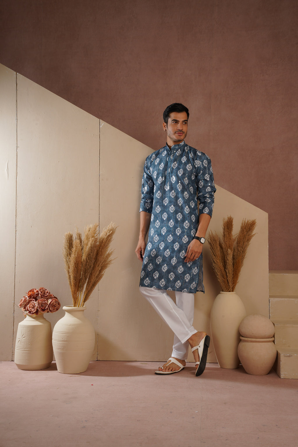 Blue Ethnic Block Print Kurta set with sequin highlights
