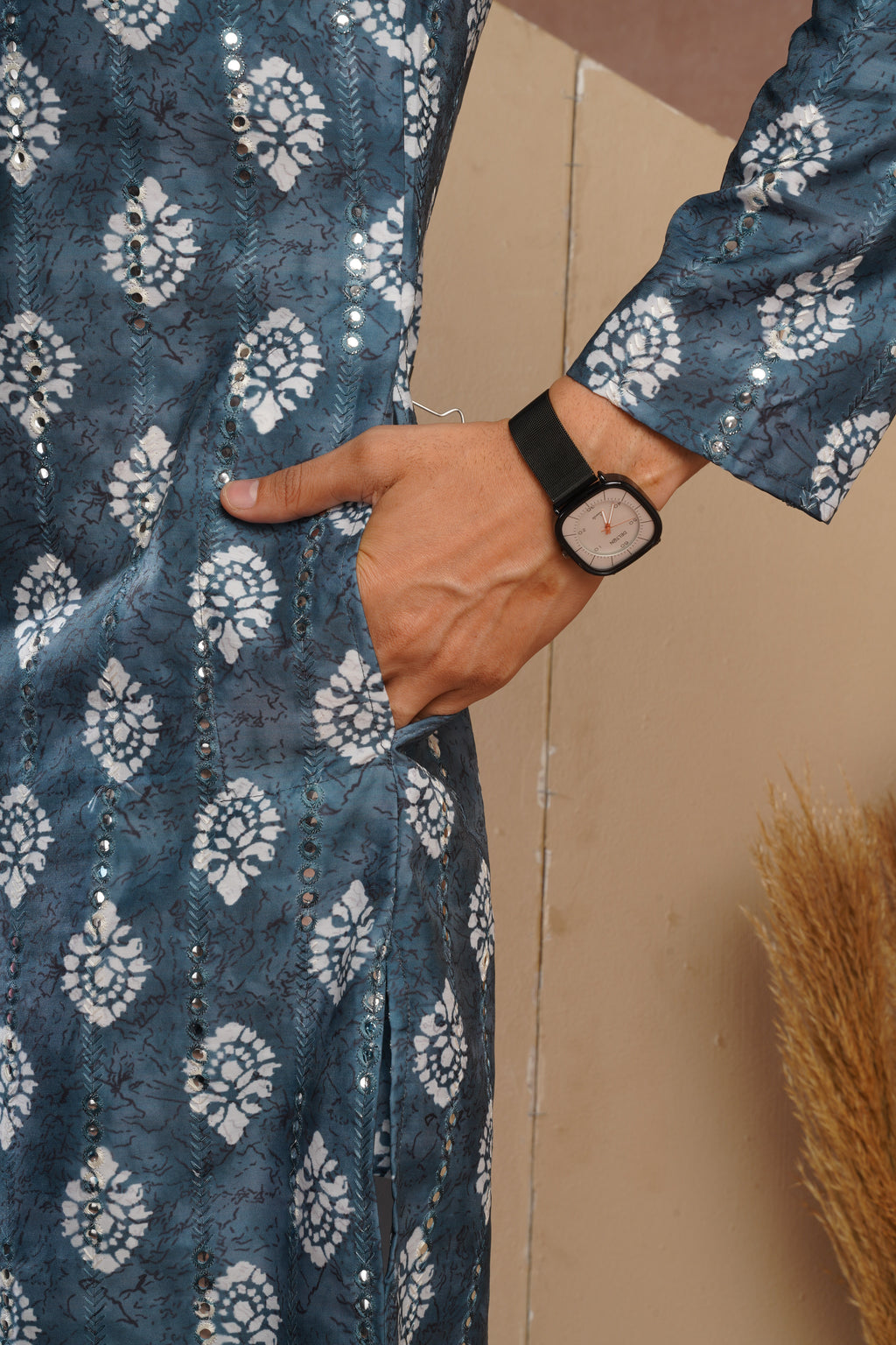Blue Ethnic Block Print Kurta set with sequin highlights