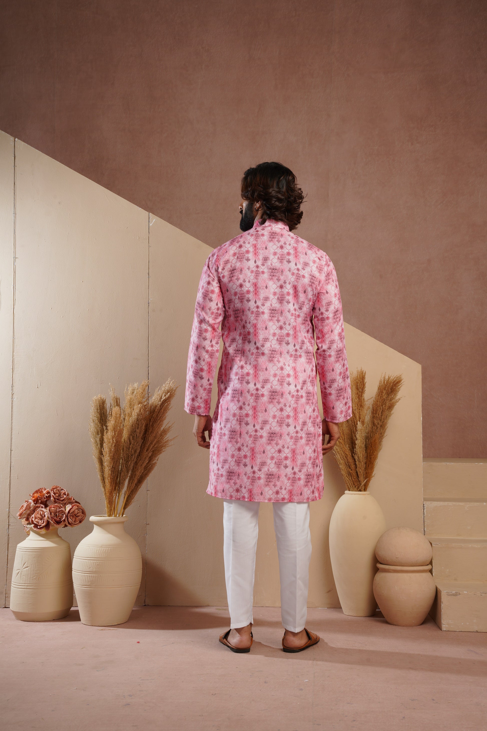Classic Pink All-Over Print Kurta Set for Mens