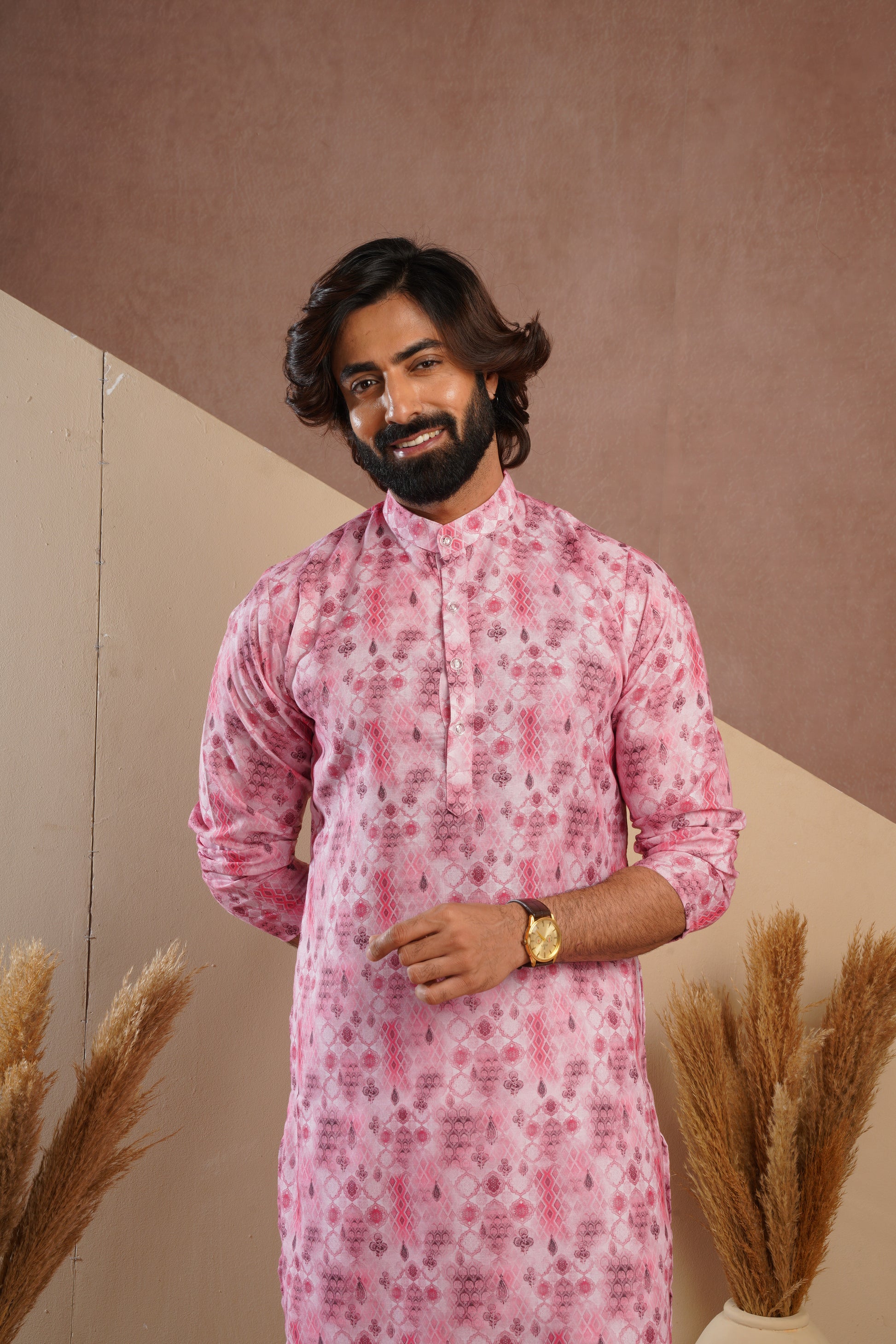 Classic Pink All-Over Print Kurta Set for Mens