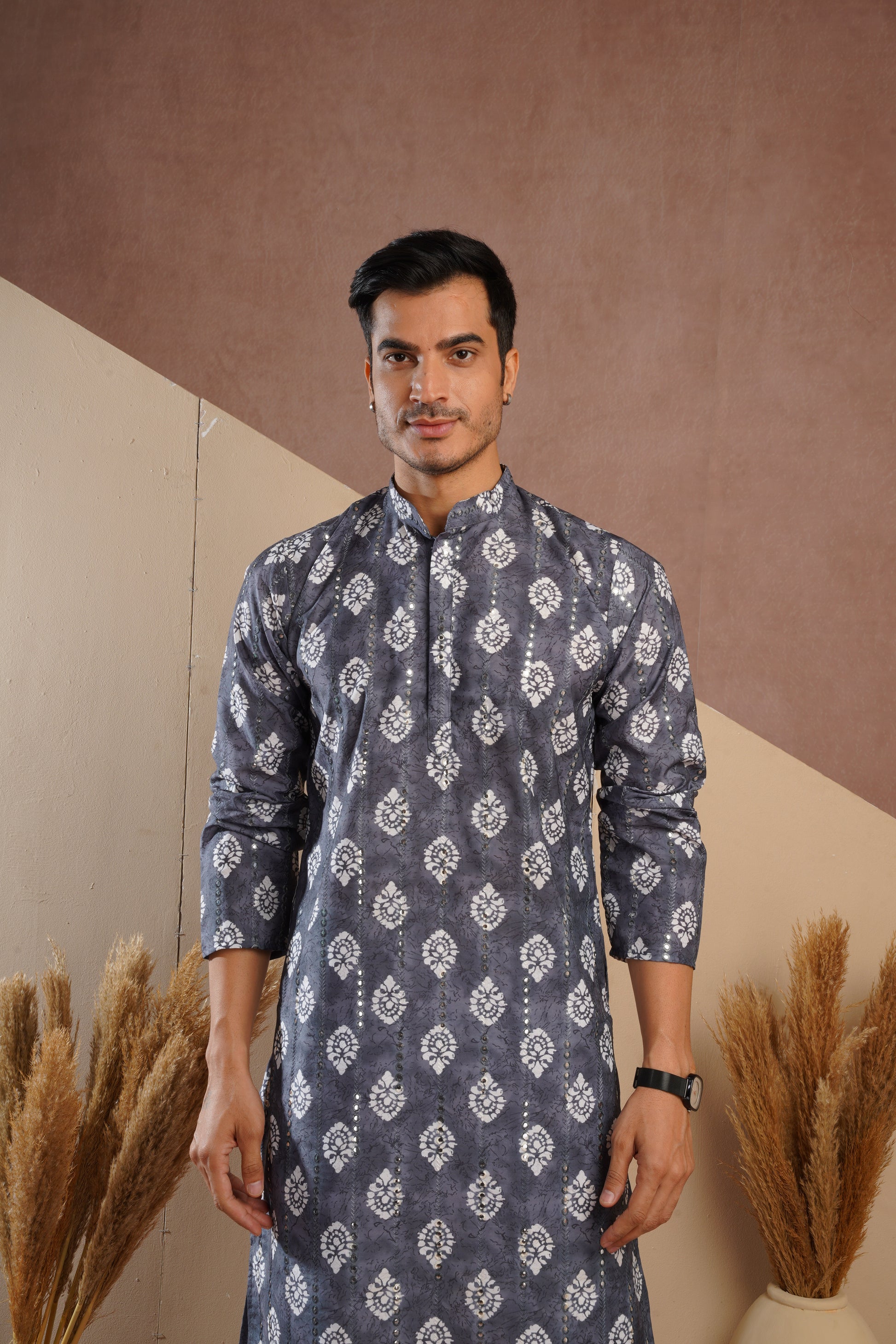 Grey Ethnic Block Print Kurta set with sequin highlights
