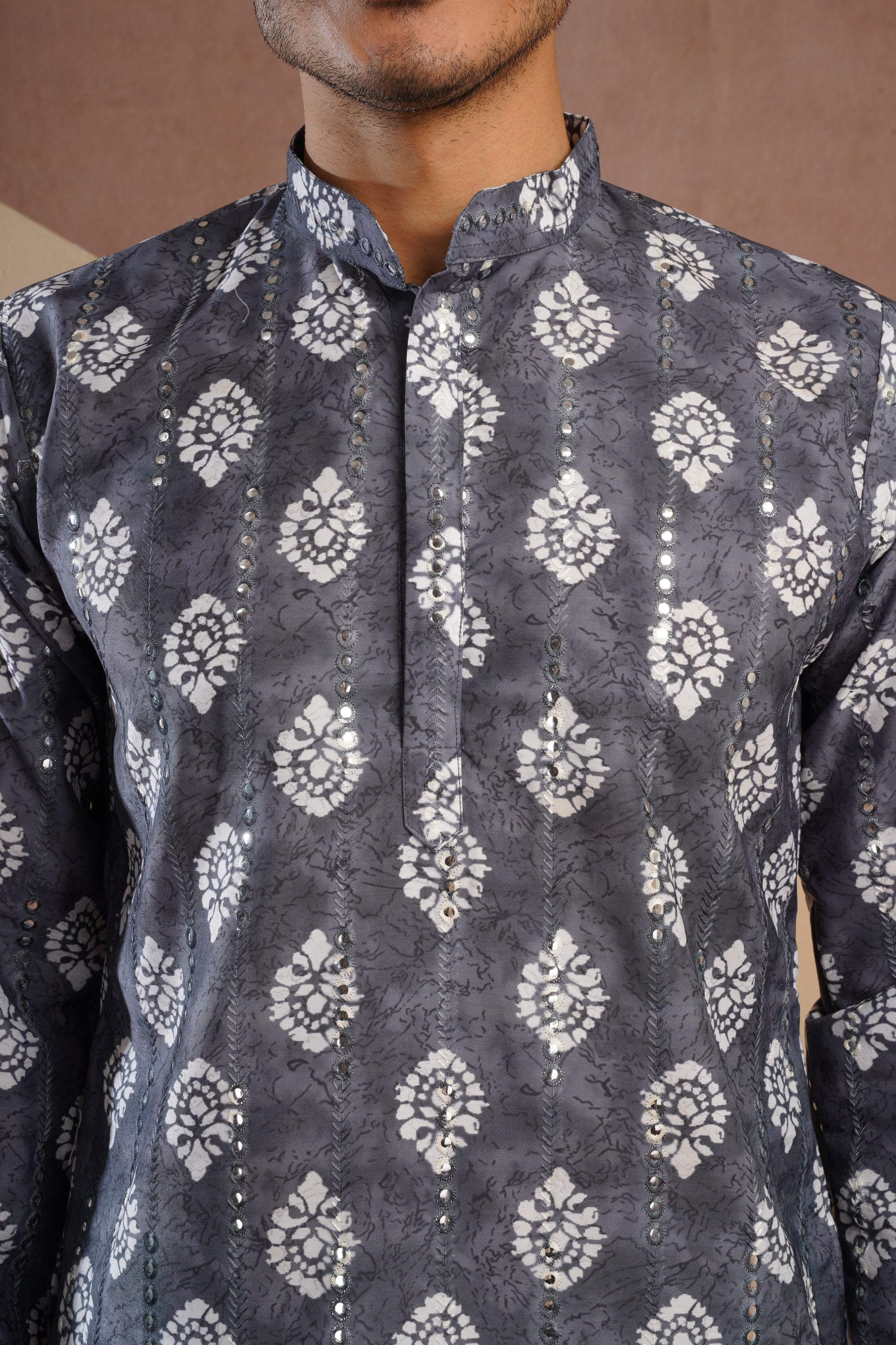 Grey Ethnic Block Print Kurta set with sequin highlights