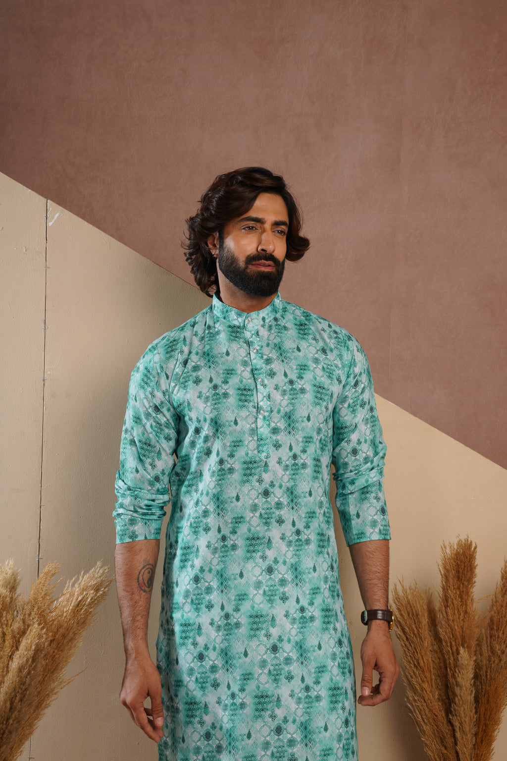 Classic Green All-Over Print Kurta Set for Mens
