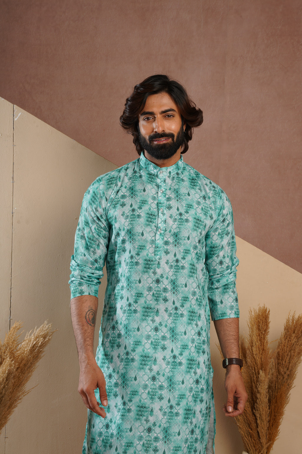 Classic Green All-Over Print Kurta Set for Mens