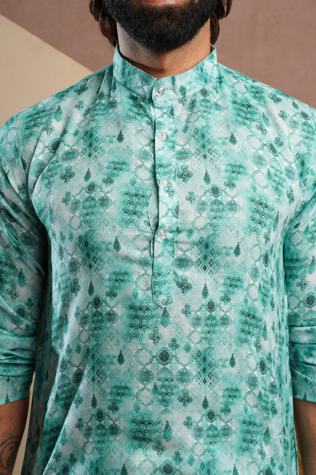 Classic Green All-Over Print Kurta Set for Mens