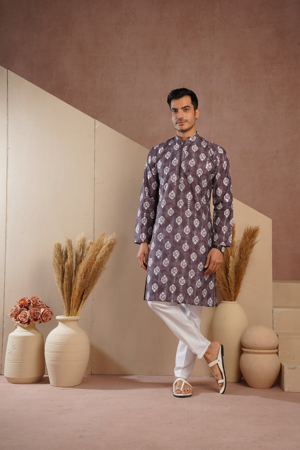 Coffee Ethnic Block Print Kurta set with sequin highlights